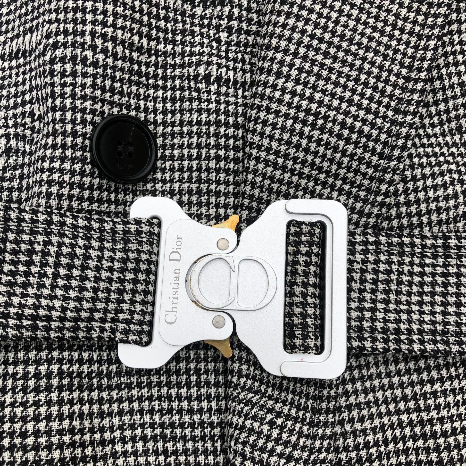 Dior Long Houndstooth Buckle Coat — detail