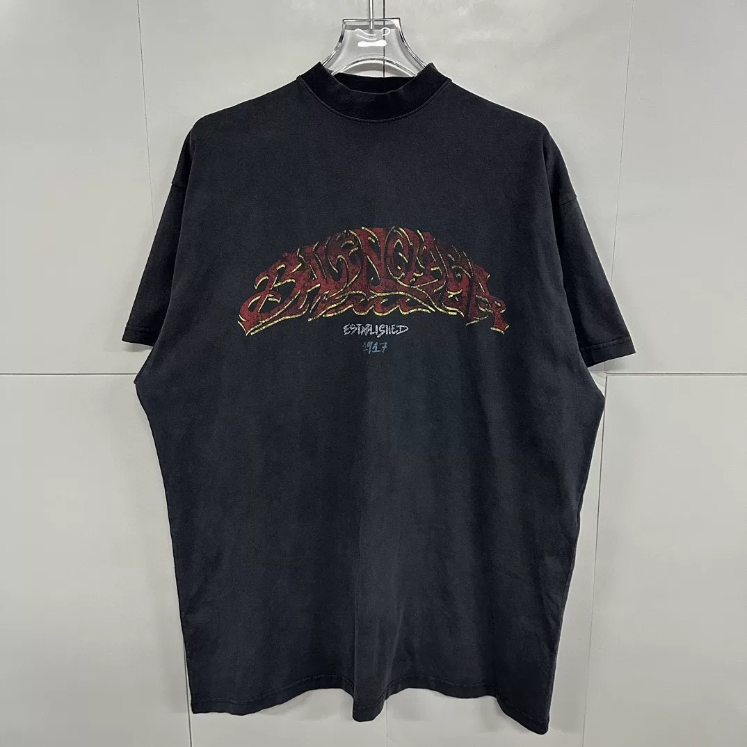 Balenciaga Sanskrit Flame Washed Distressed Tee