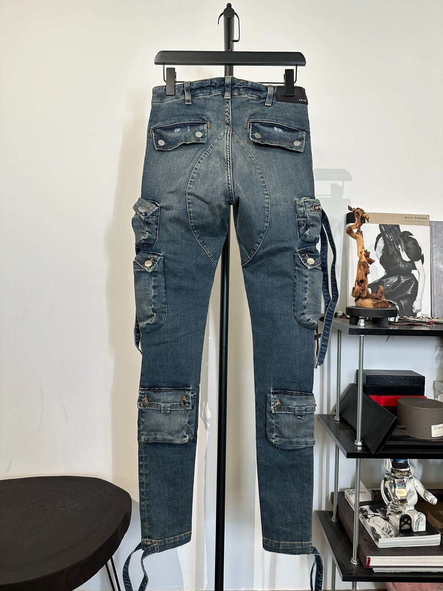 Amiri Blue Cargo Jeans with Ribbons — front