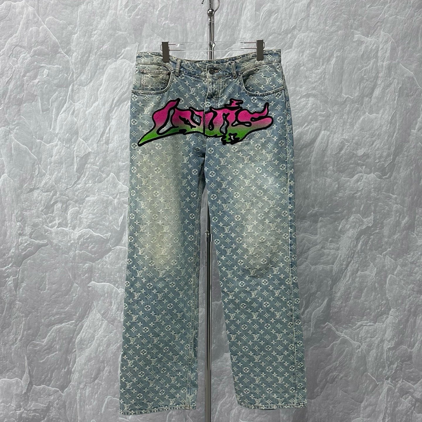 Louis Vuitton Pharrell Flocked Embroidery Monogram Denim Pants