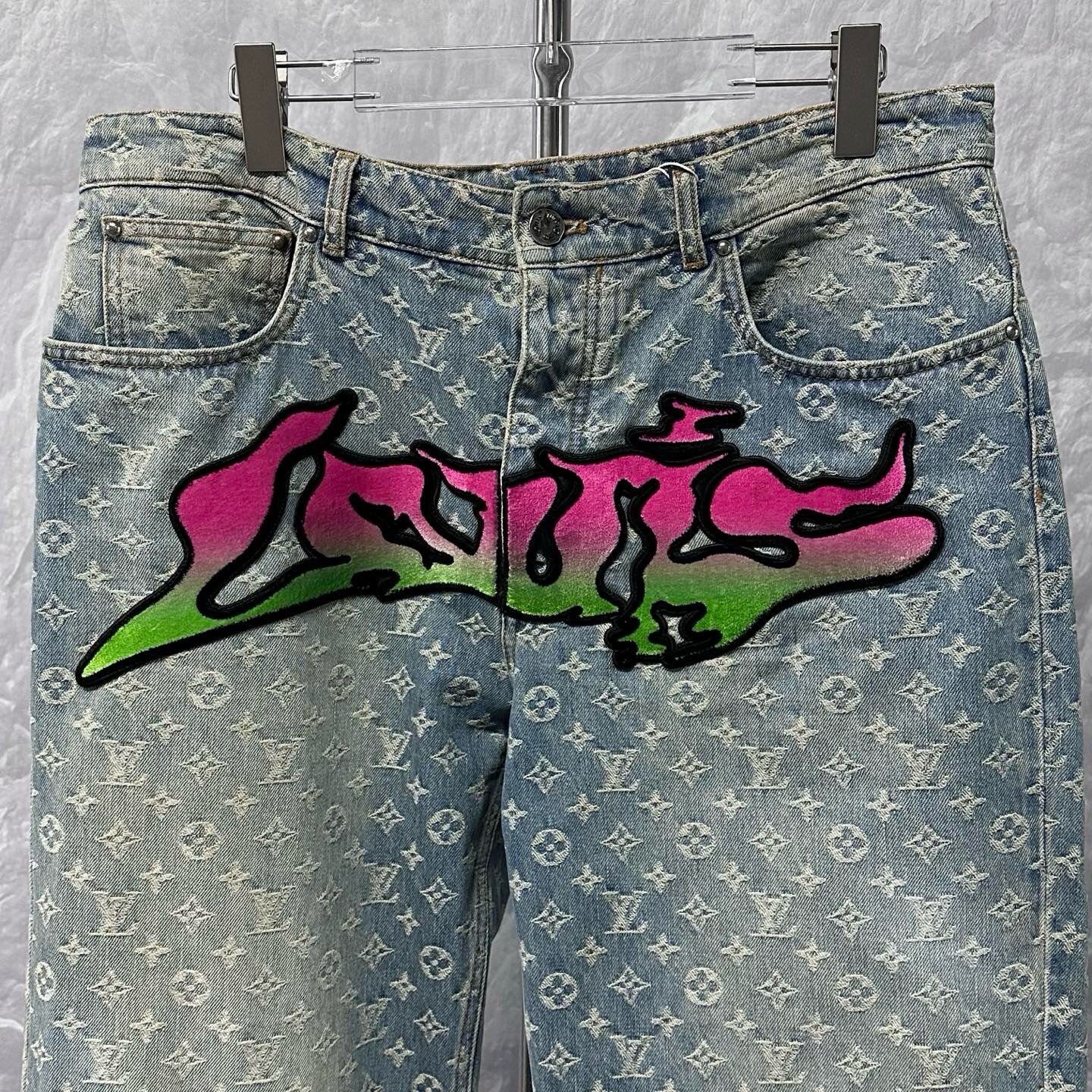 Louis Vuitton Pharrell Flocked Embroidery Monogram Denim Pants — front