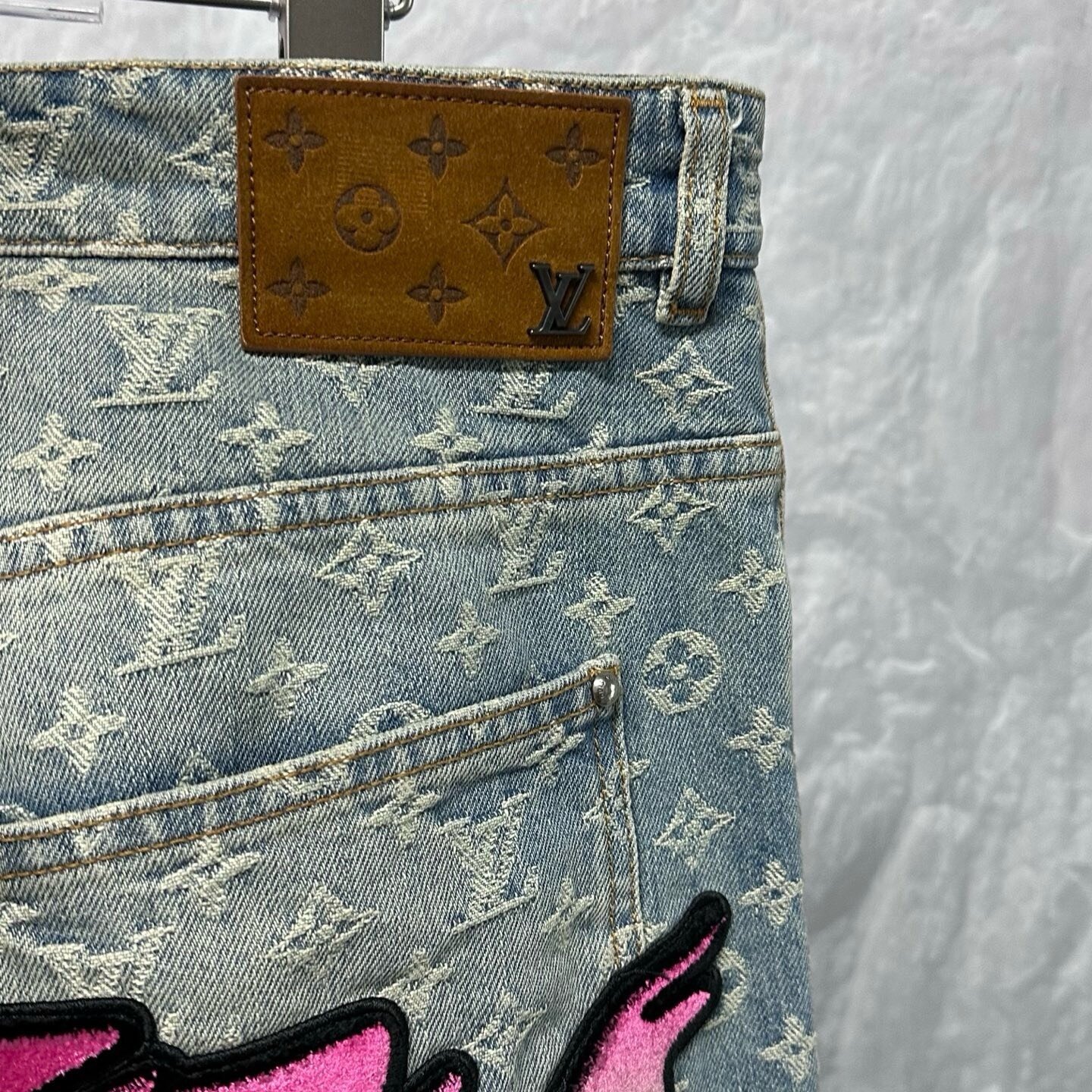 Louis Vuitton Pharrell Flocked Embroidery Monogram Denim Pants — detail