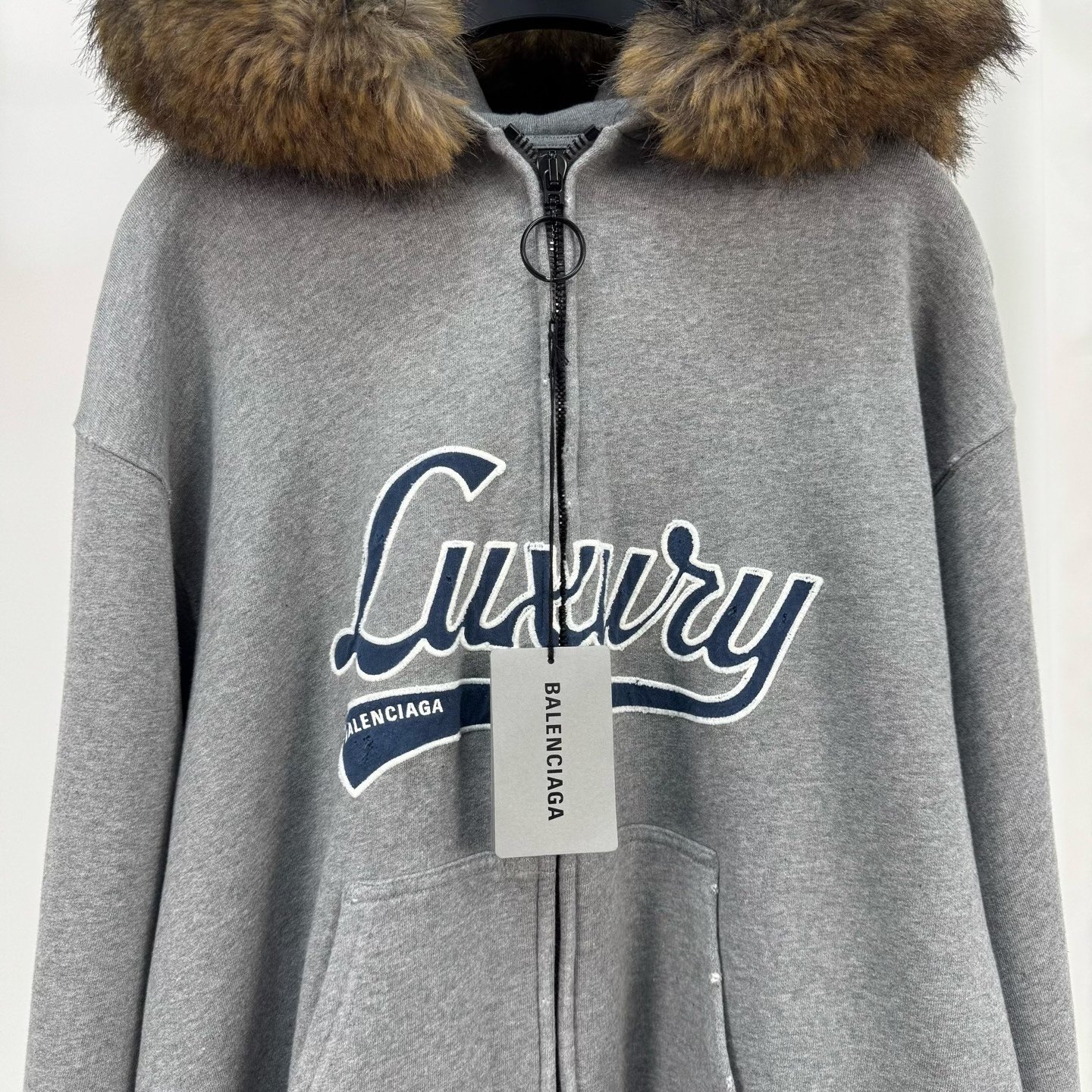 Balenciaga 25 Gray Fur Hood Patch Coat — detail