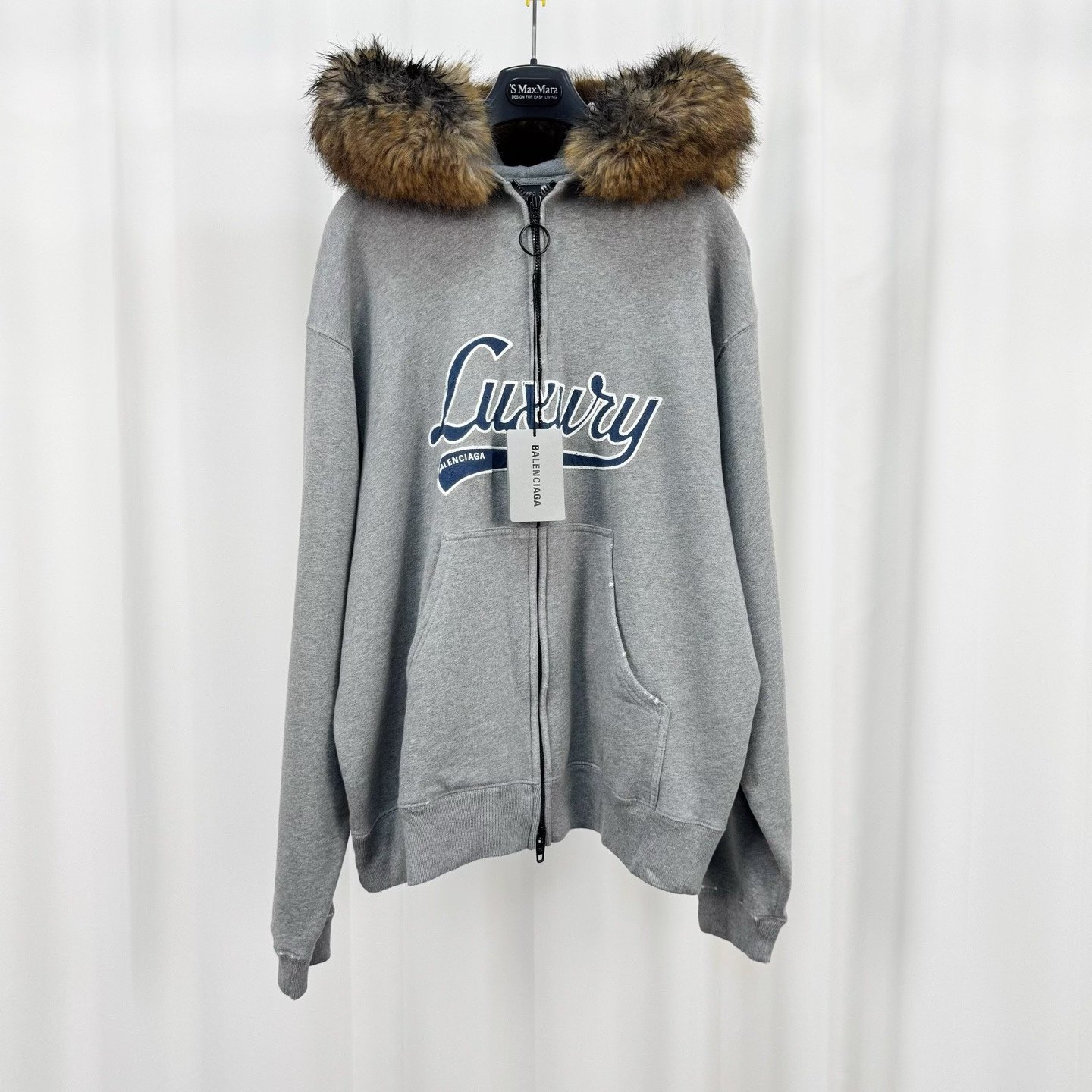 Balenciaga 25 Gray Fur Hood Patch Coat