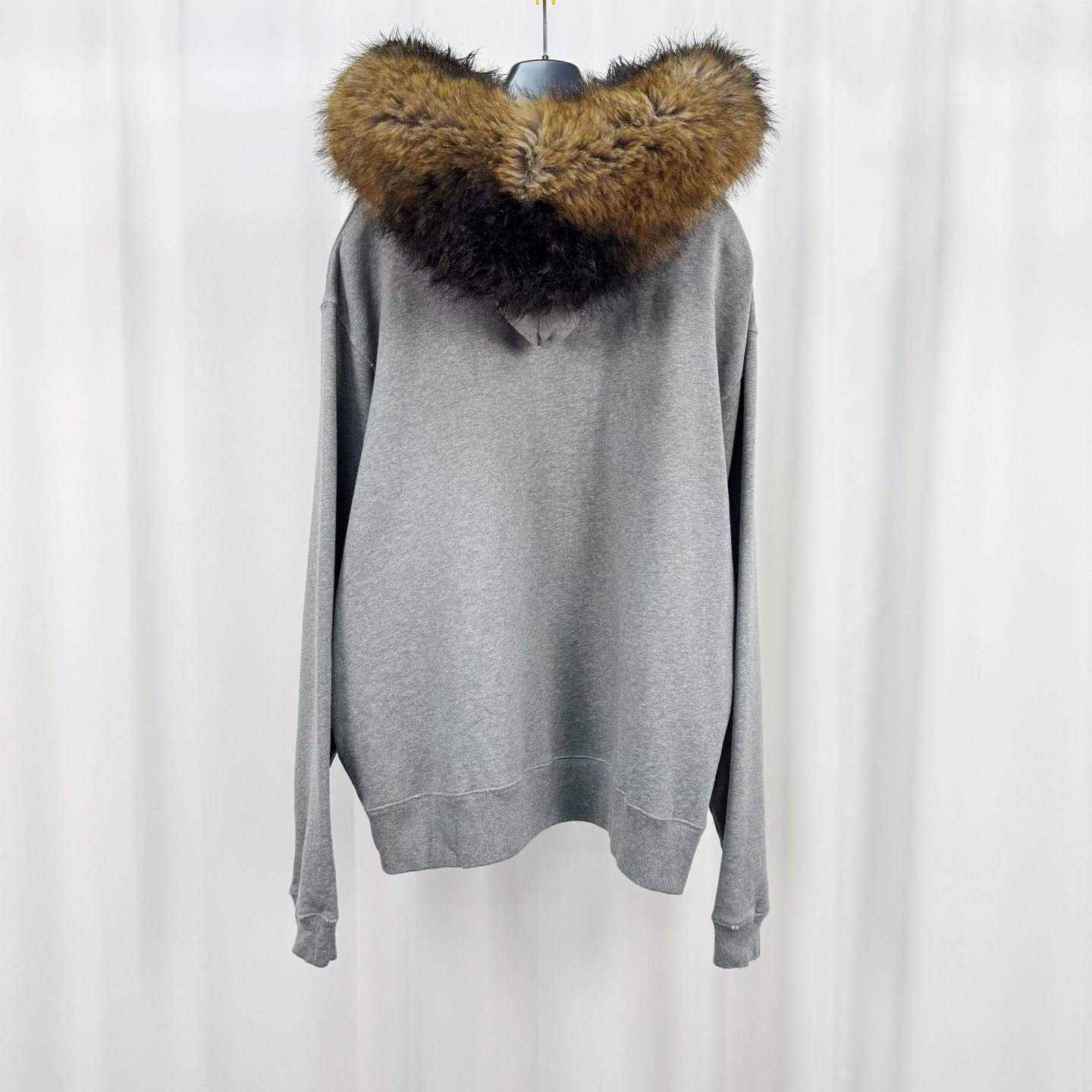 Balenciaga 25 Gray Fur Hood Patch Coat — front