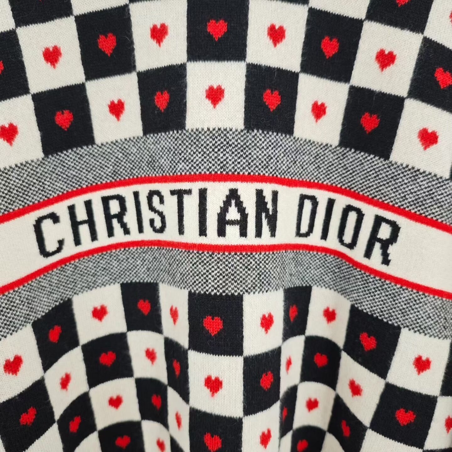Dior Qixi Limited Heart Check Cashmere Sweater — detail