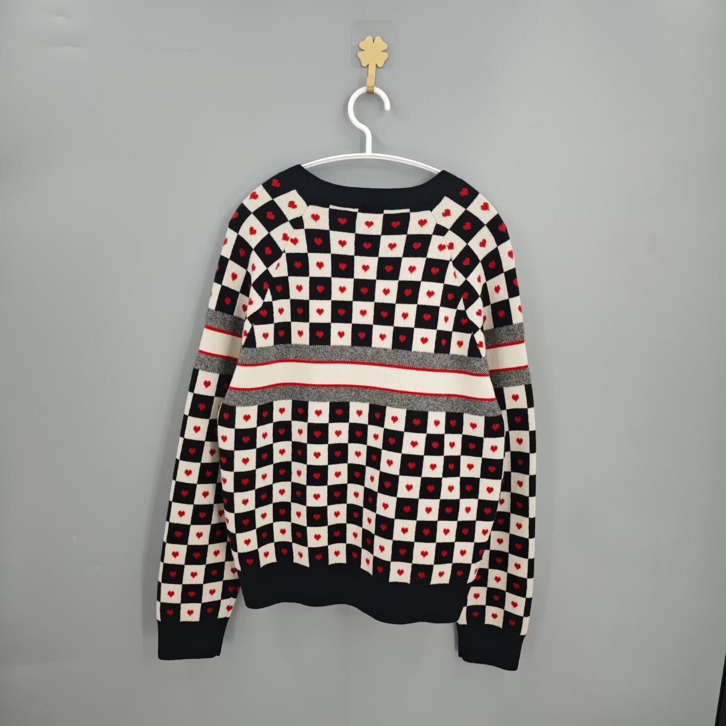 Dior Qixi Limited Heart Check Cashmere Sweater — front