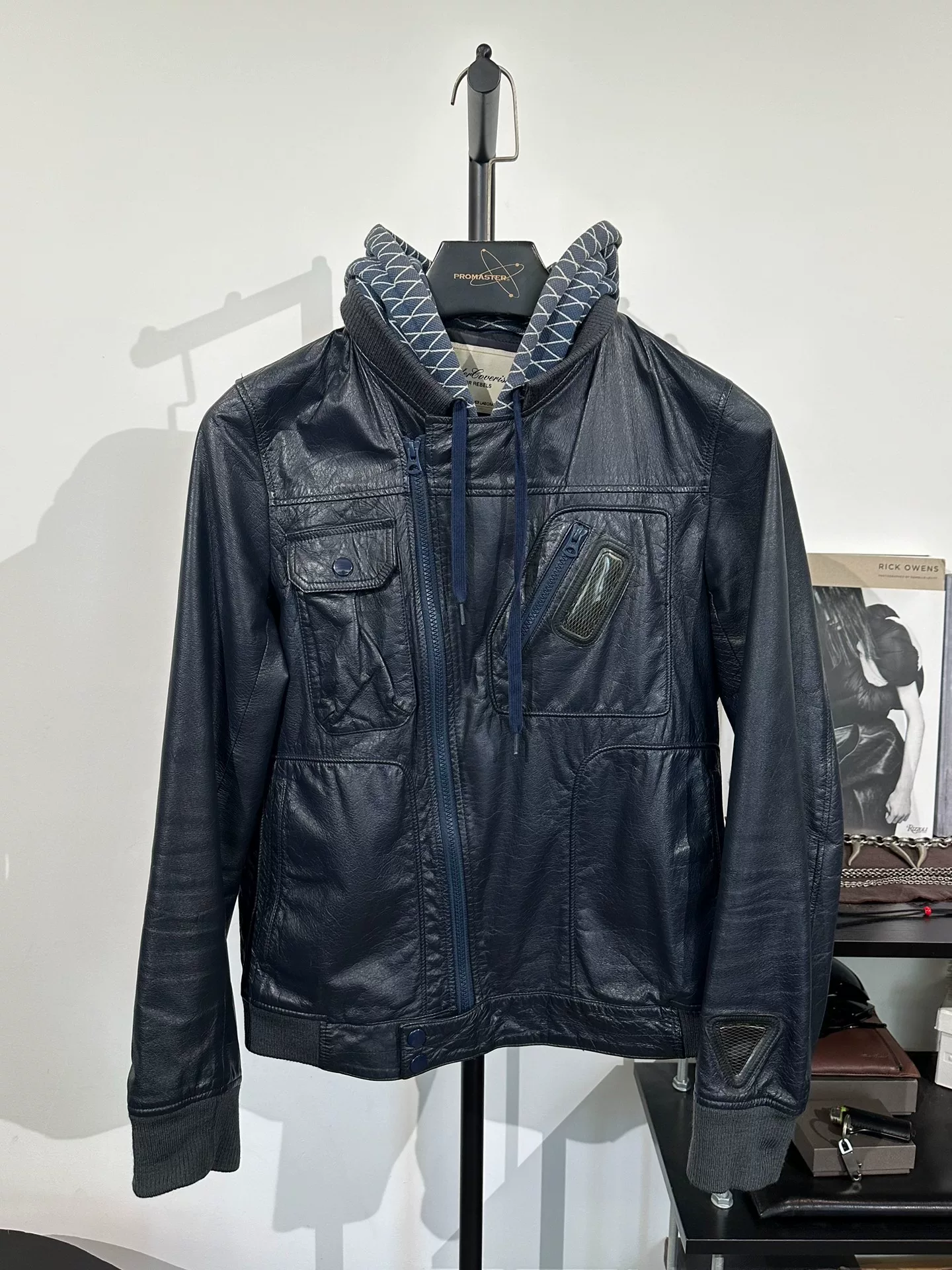 Undercover Detachable Hood Leather Biker Jacket — detail