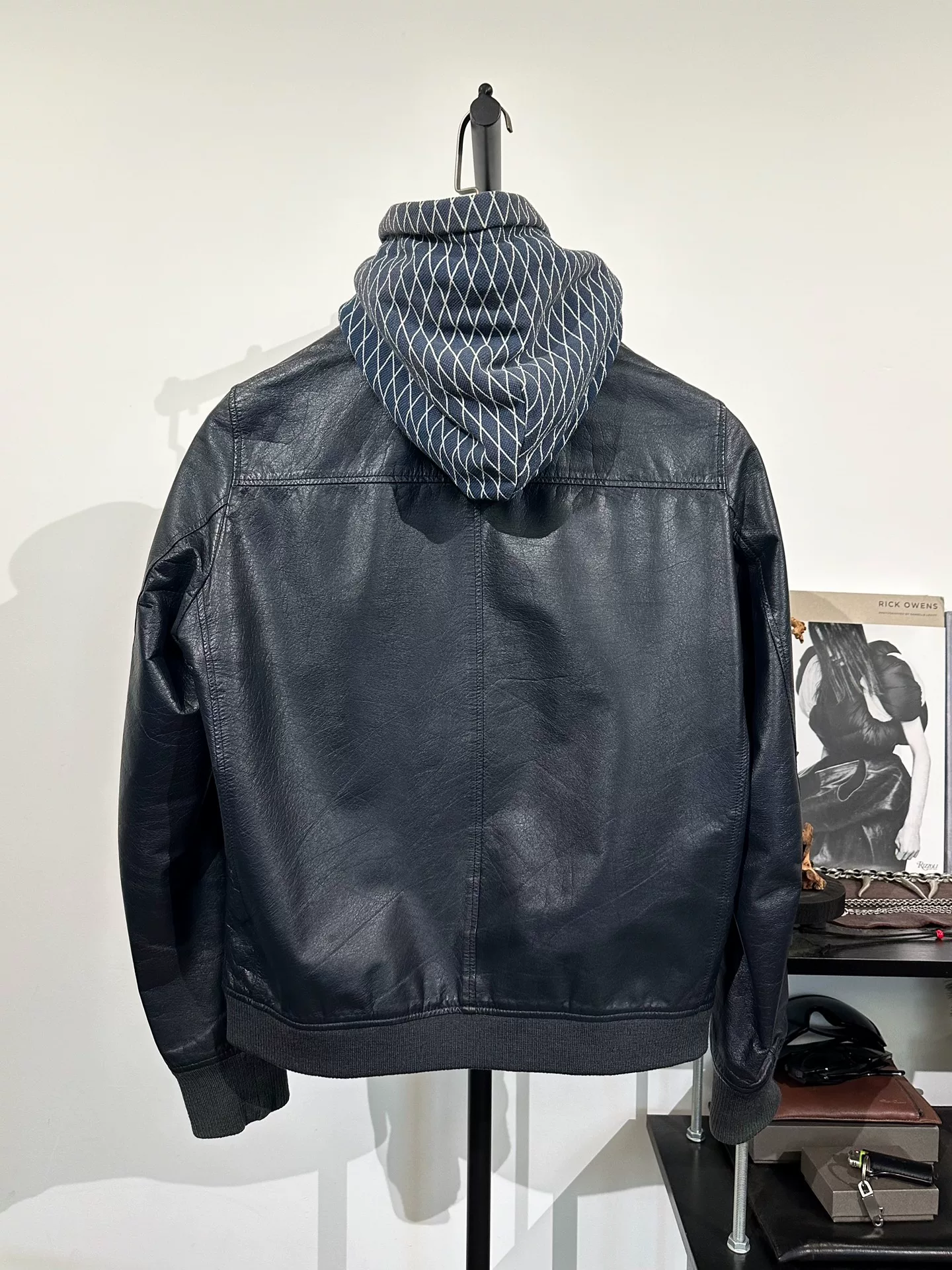 Undercover Detachable Hood Leather Biker Jacket — back