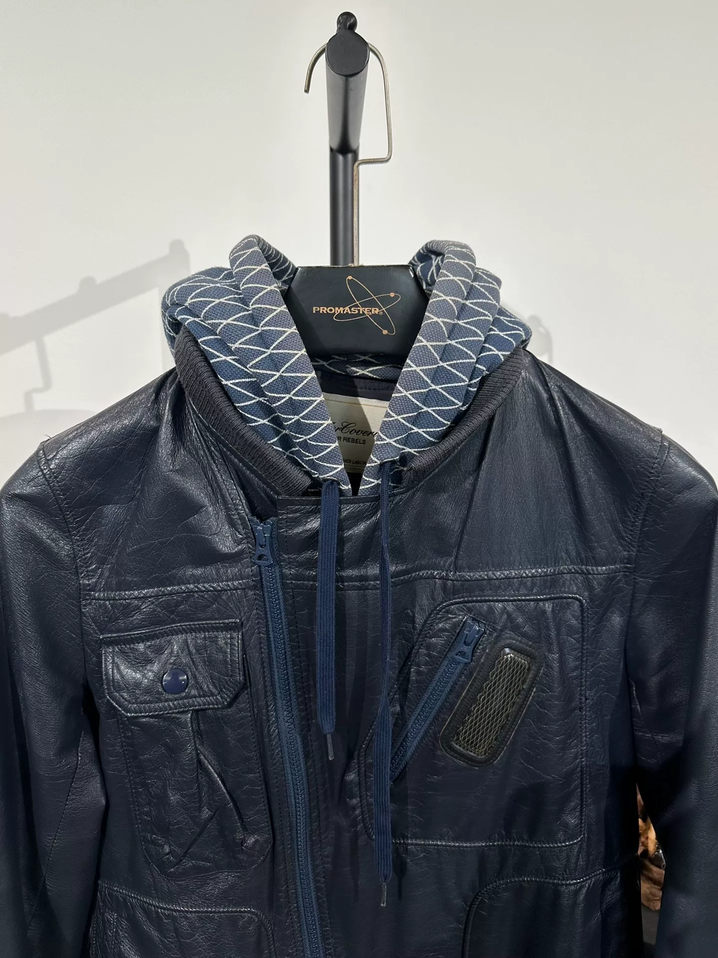 Undercover Detachable Hood Leather Biker Jacket — label