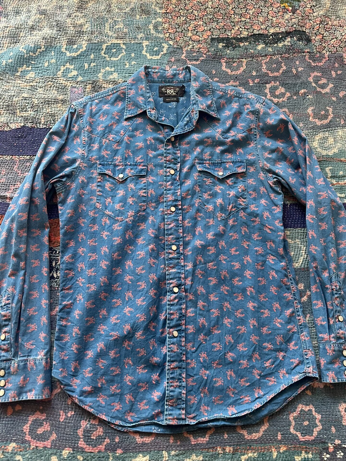 RRL Blue Shirt with Red Patterns