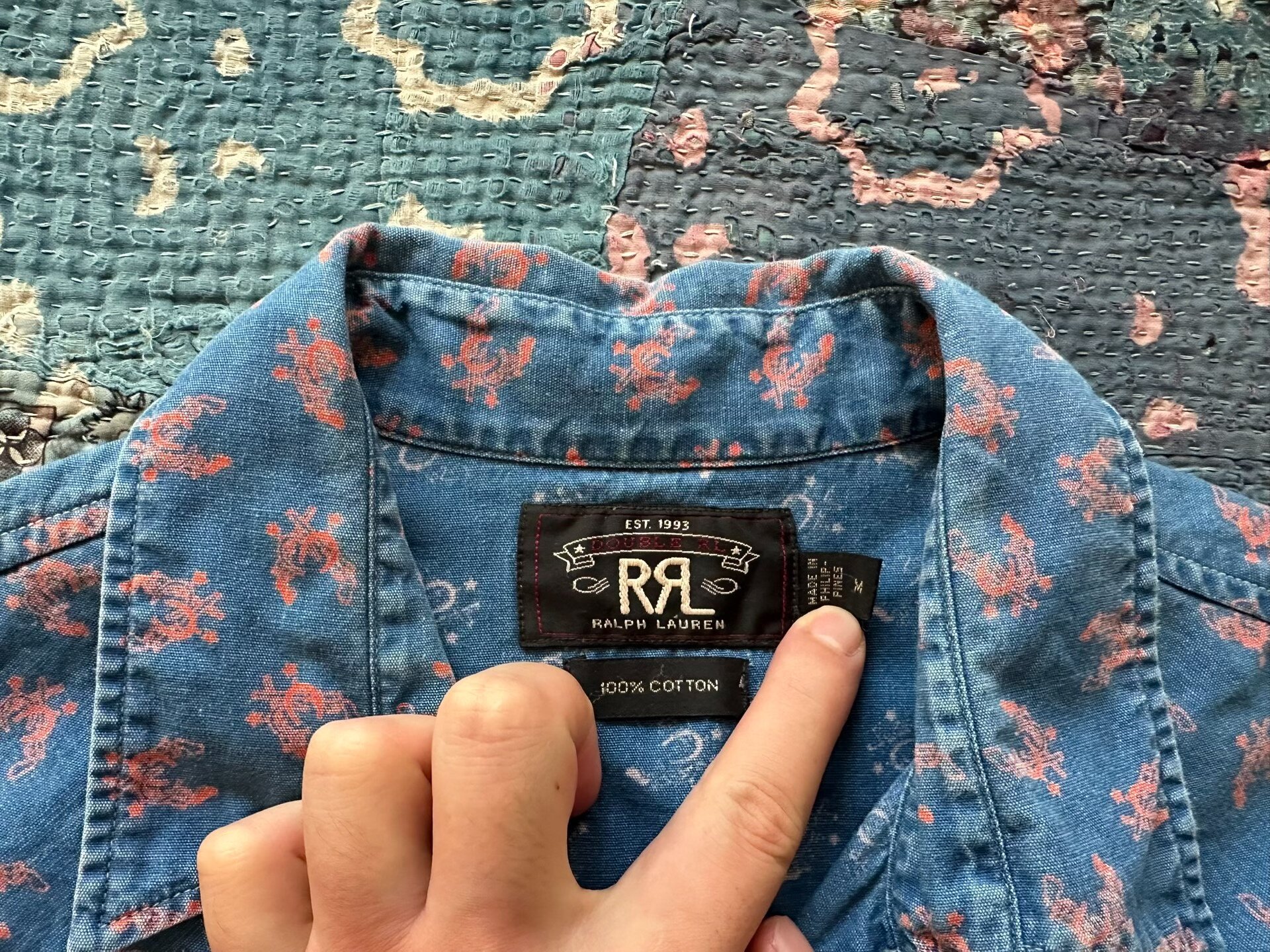 RRL Blue Shirt with Red Patterns — detail