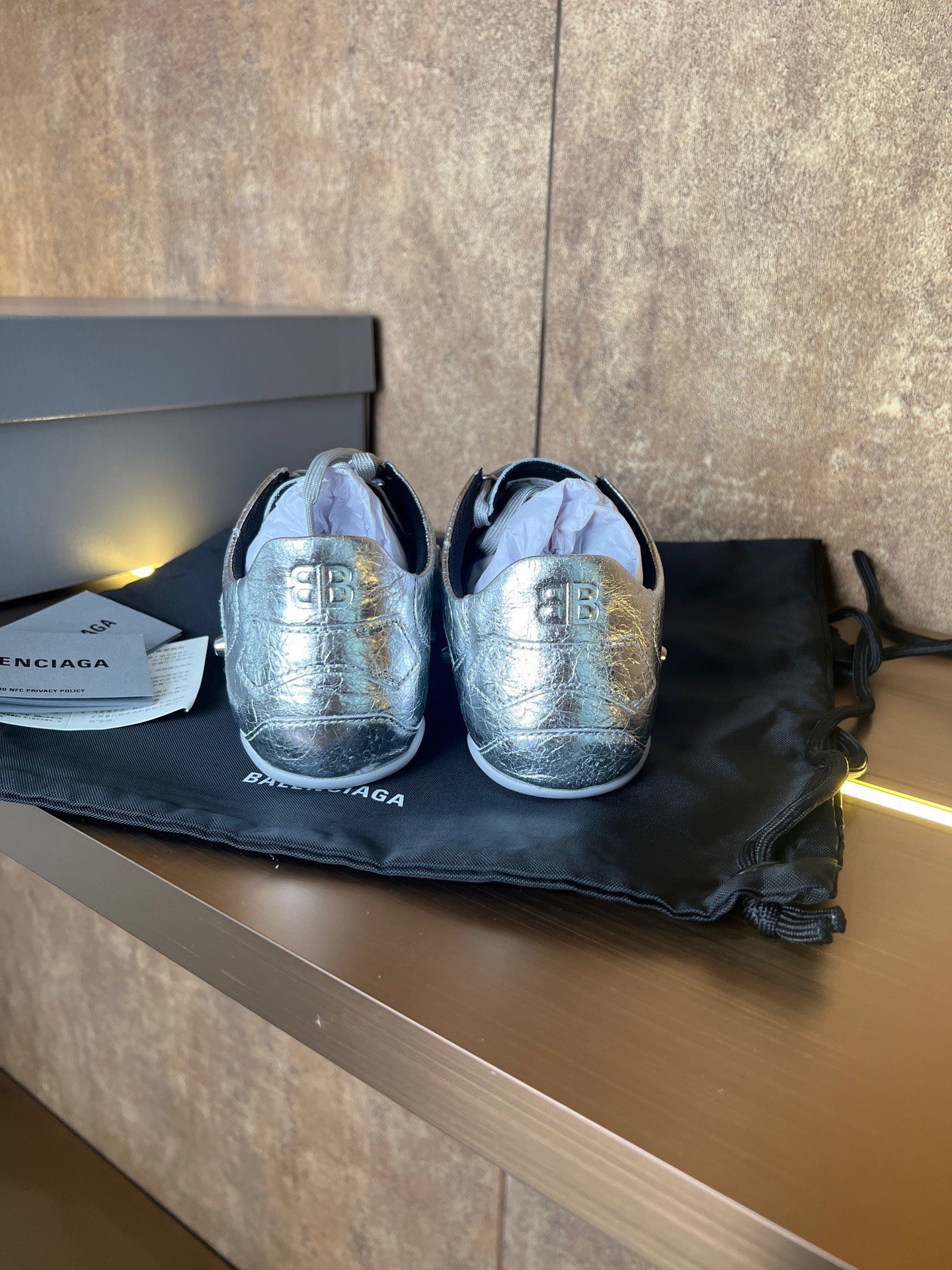 Balenciaga Silver Crinkled Court Sneakers — label