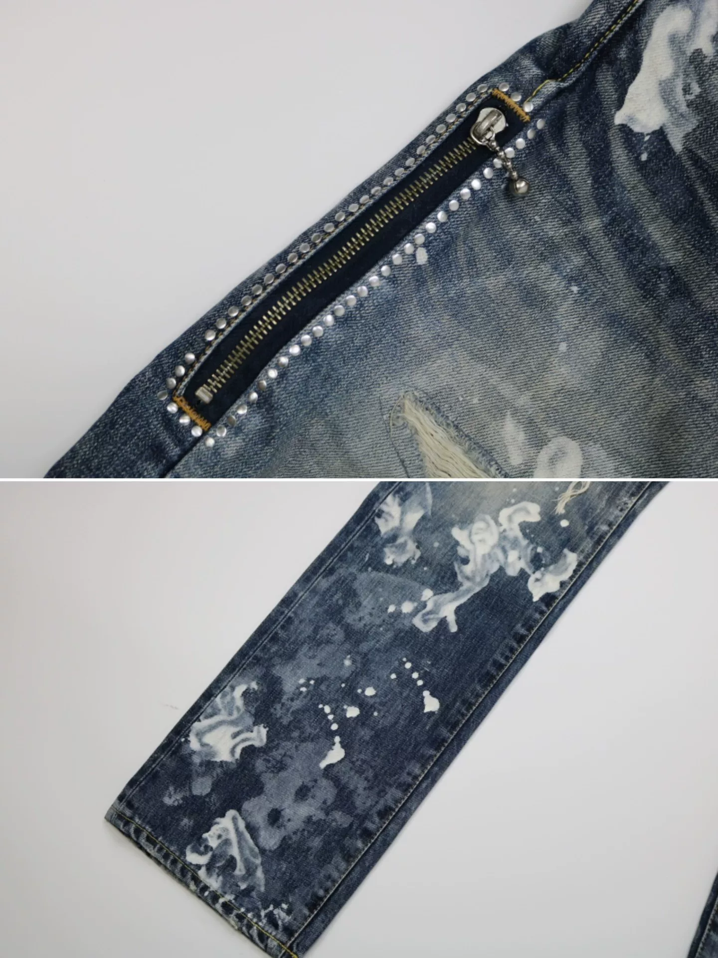 Vanquish Fragment Lightning Splatter Distressed Jeans — label