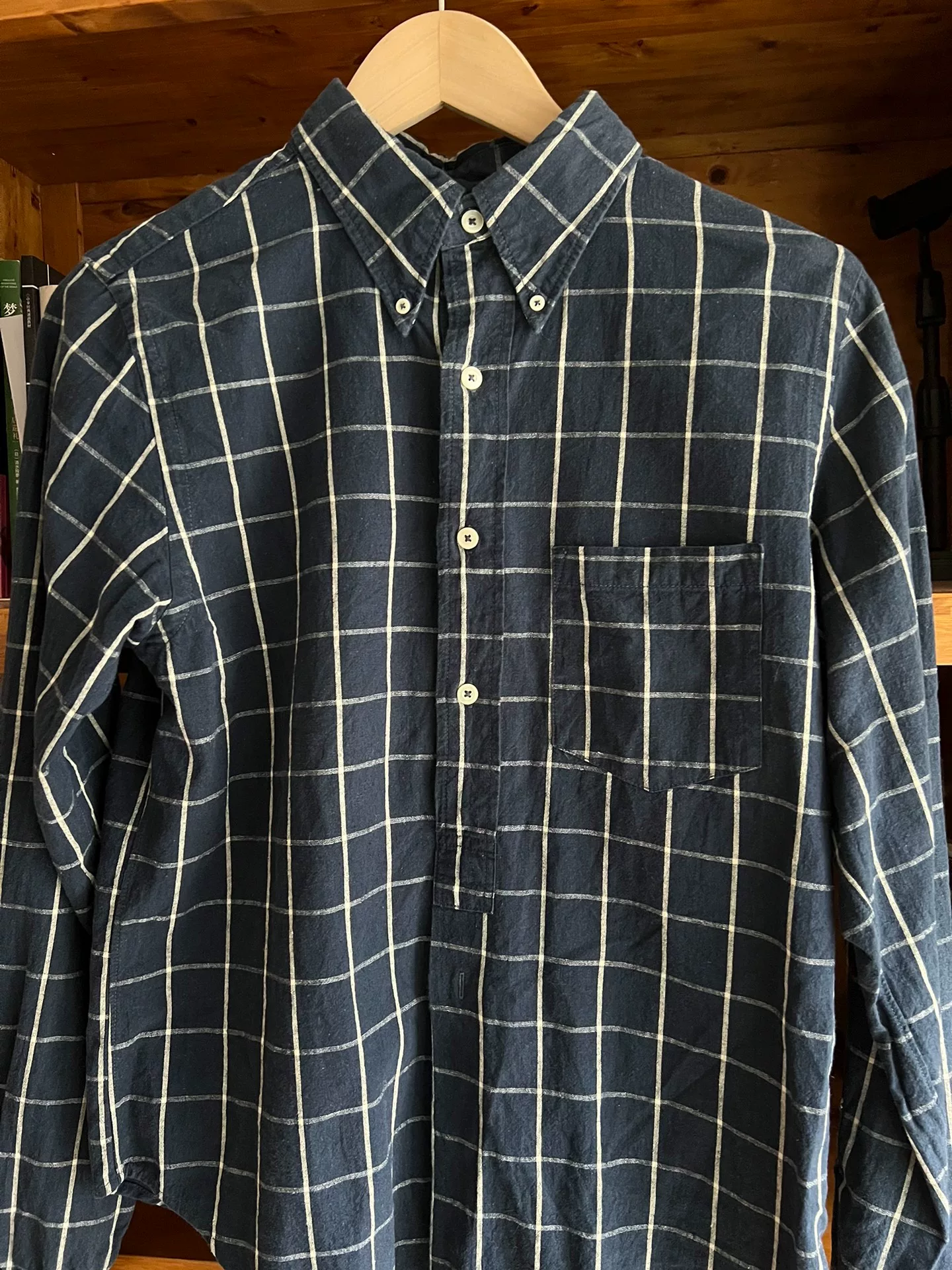 Freewheelers Vintage Indigo Check Linen Shirt — detail