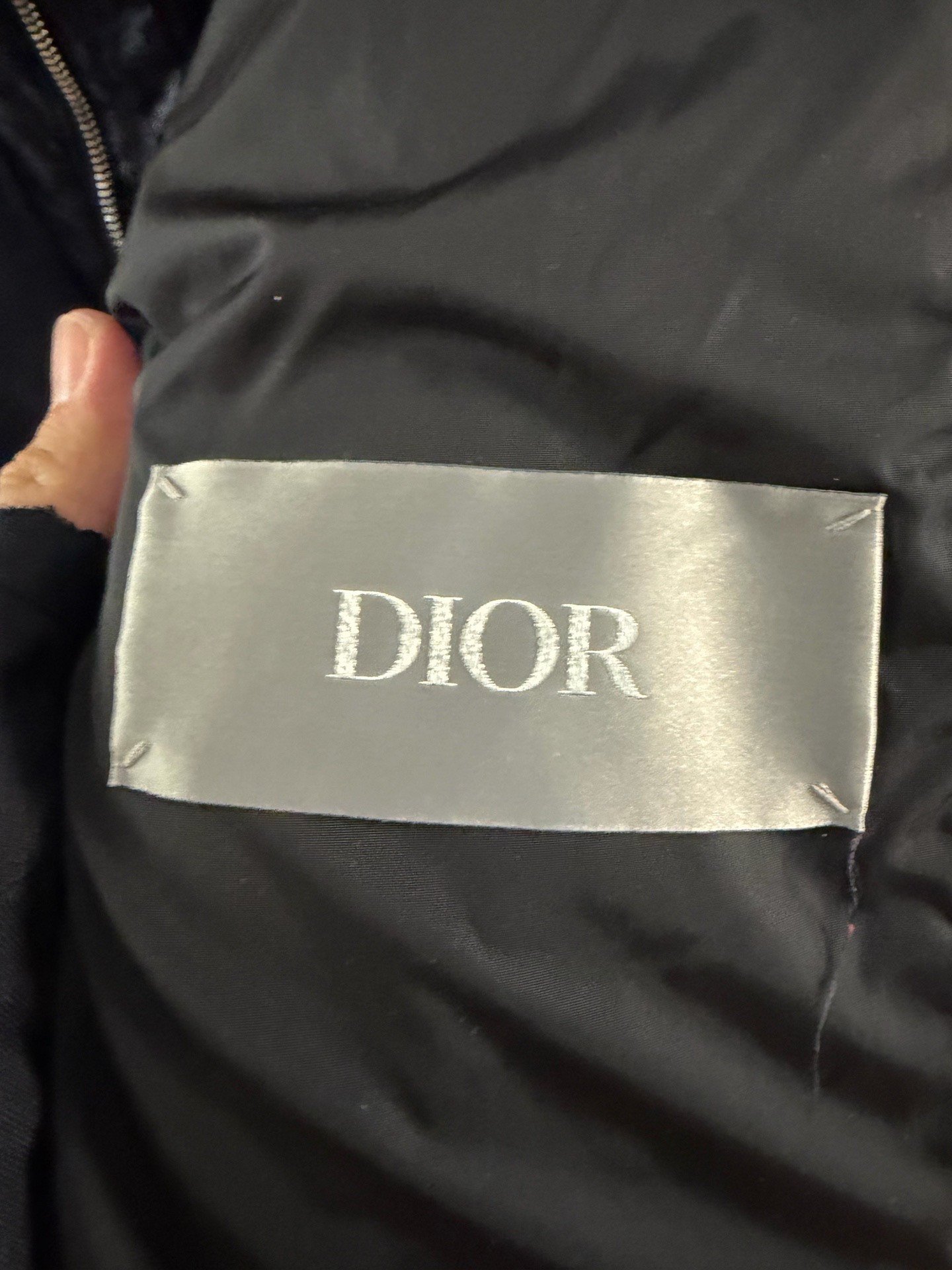 Dior Dark Blue All-Over Logo Puffer Jacket — label