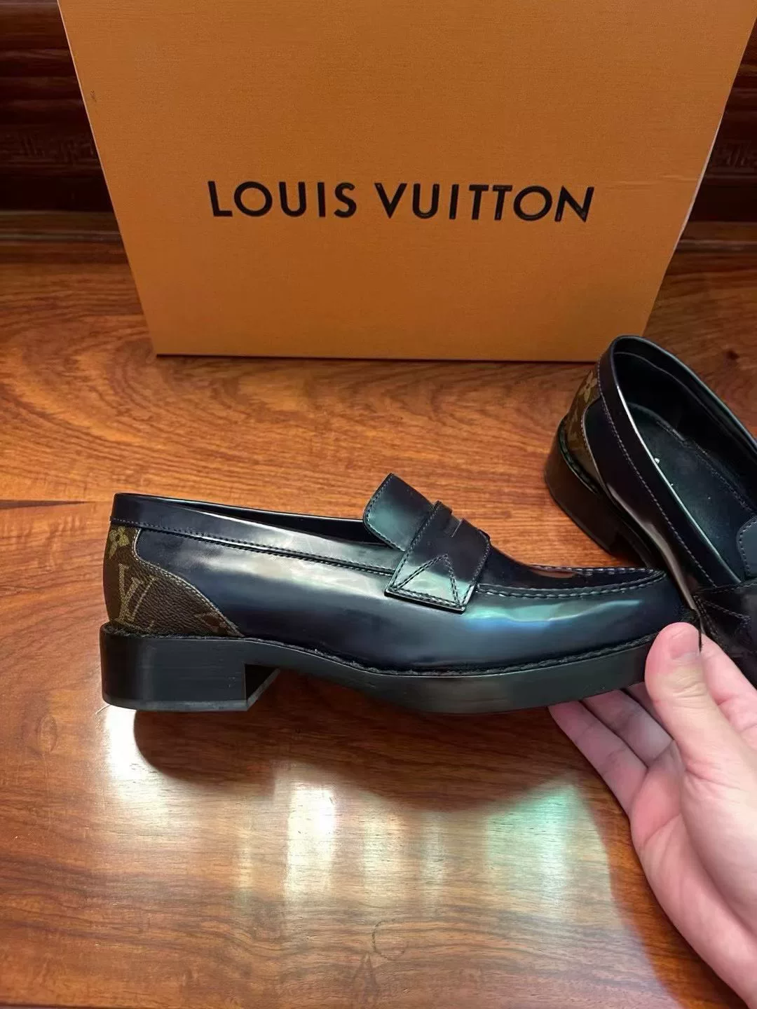 Louis Vuitton Black Patent Leather Loafers — front