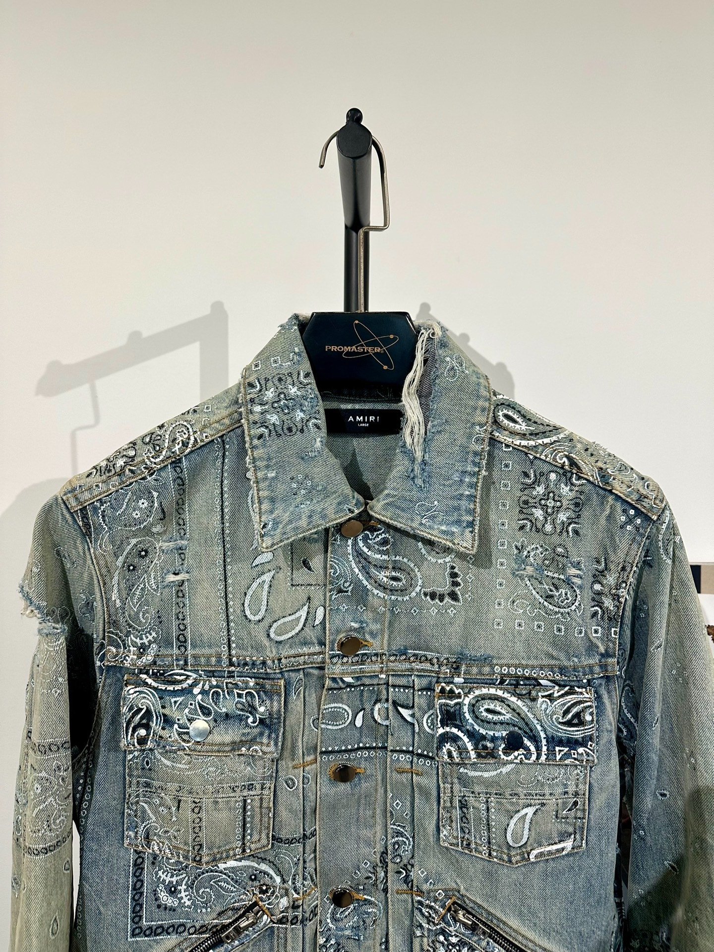 Amiri Paisley Distressed Denim Jacket — detail