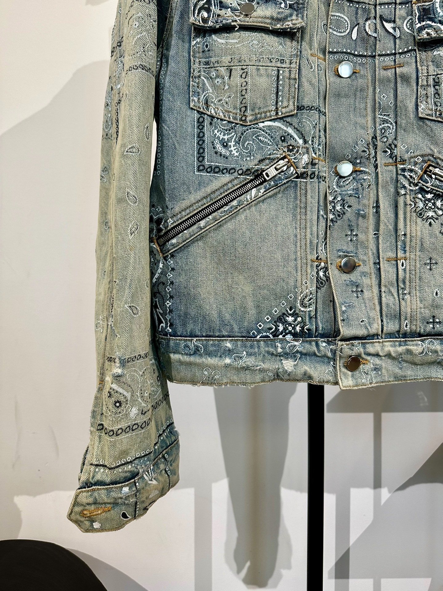 Amiri Paisley Distressed Denim Jacket — label