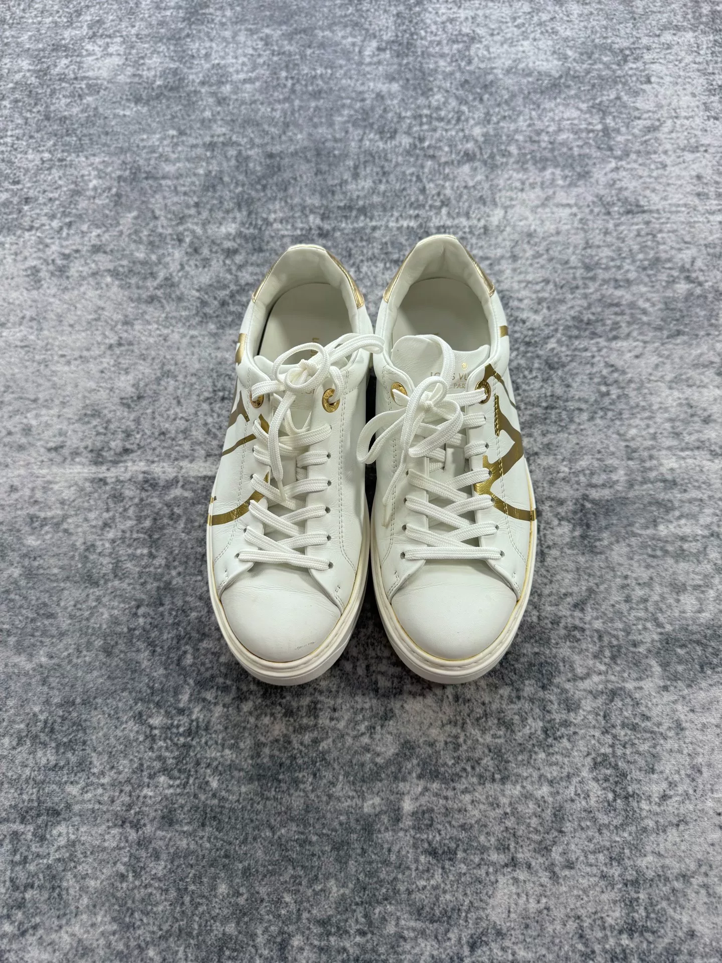 Louis Vuitton White Gold Logo Platform Sneakers — front
