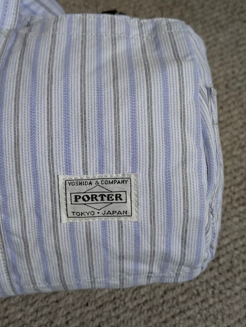 PORTER 70th Anniv White Blue Striped Mini — label