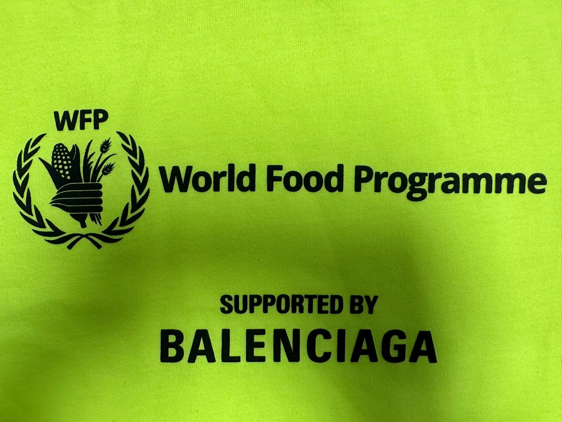 Balenciaga x WFP Neon Yellow Logo T-Shirt — detail