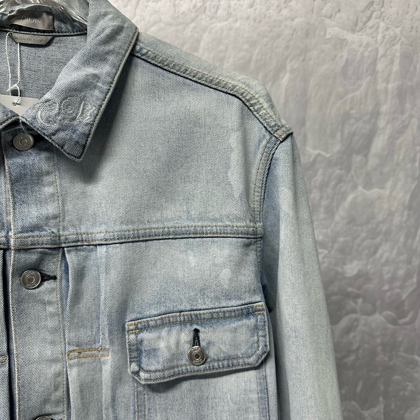 Dior Letter Embroidery Distressed Denim Jacket — detail