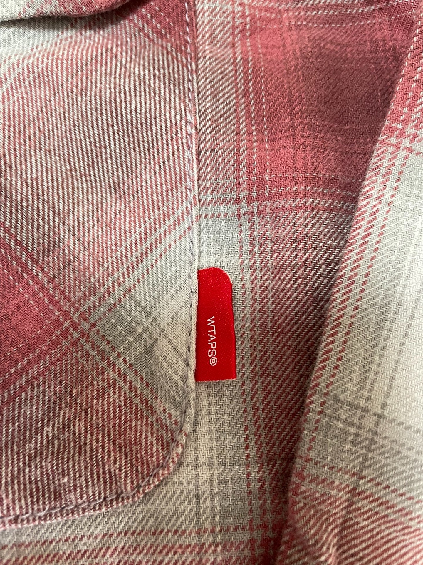 WTAPS VATOS Psychedelic Red Check Shirt — label