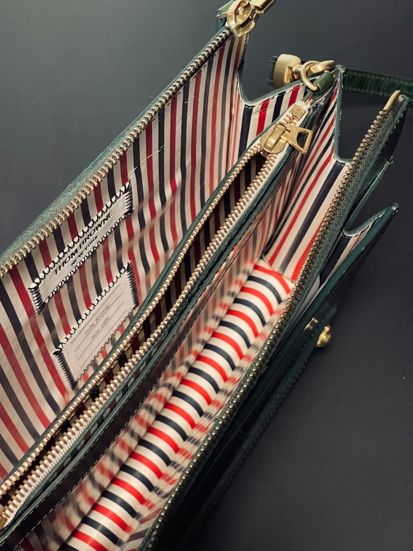 Thom Browne Green Accordion Shoulder Clutch — label