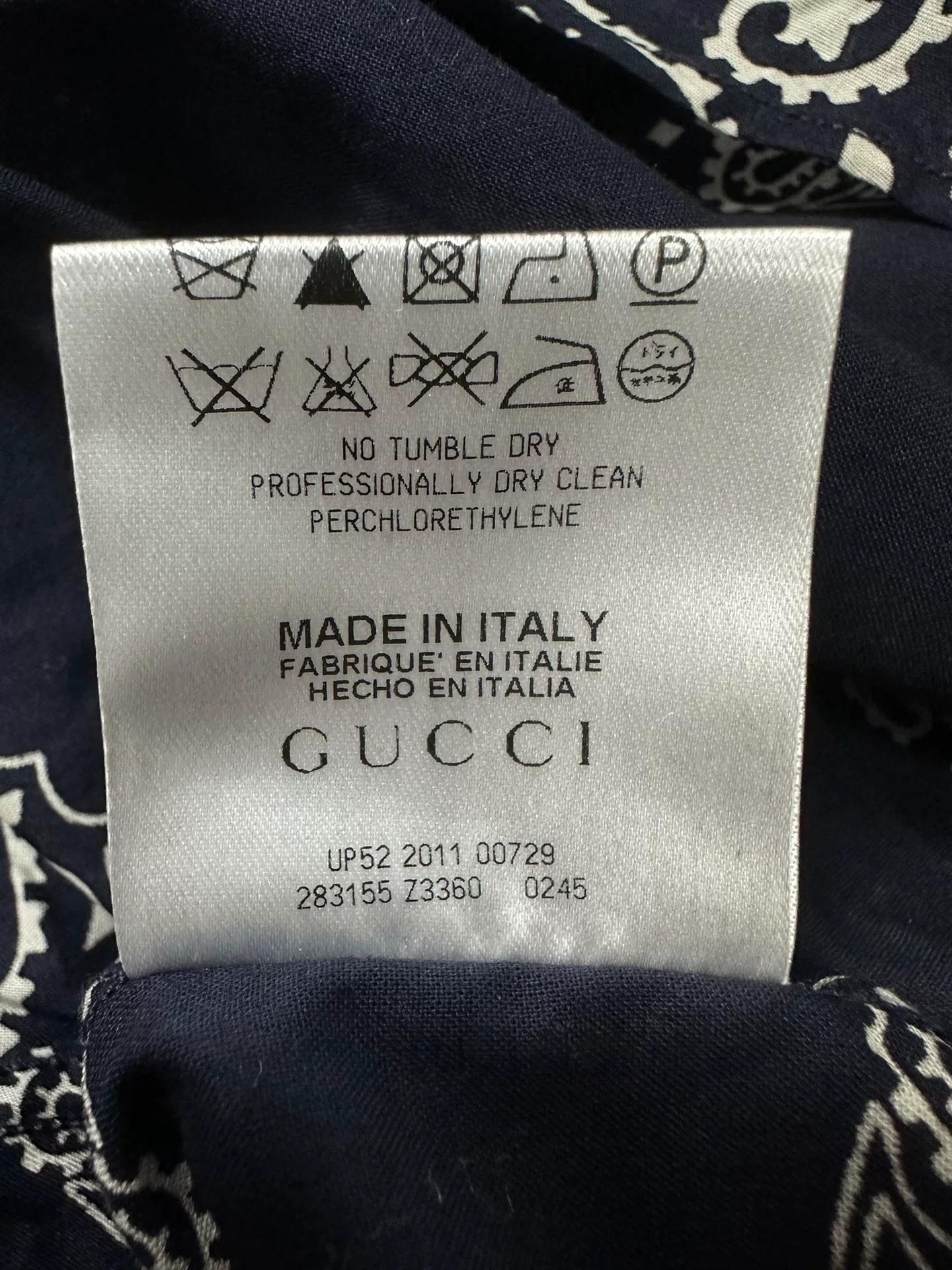 Gucci Dark Blue Paisley Pearl Button Shirt — label