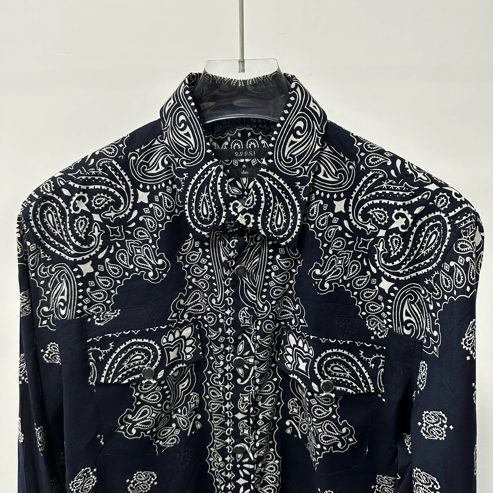 Gucci Dark Blue Paisley Pearl Button Shirt — front