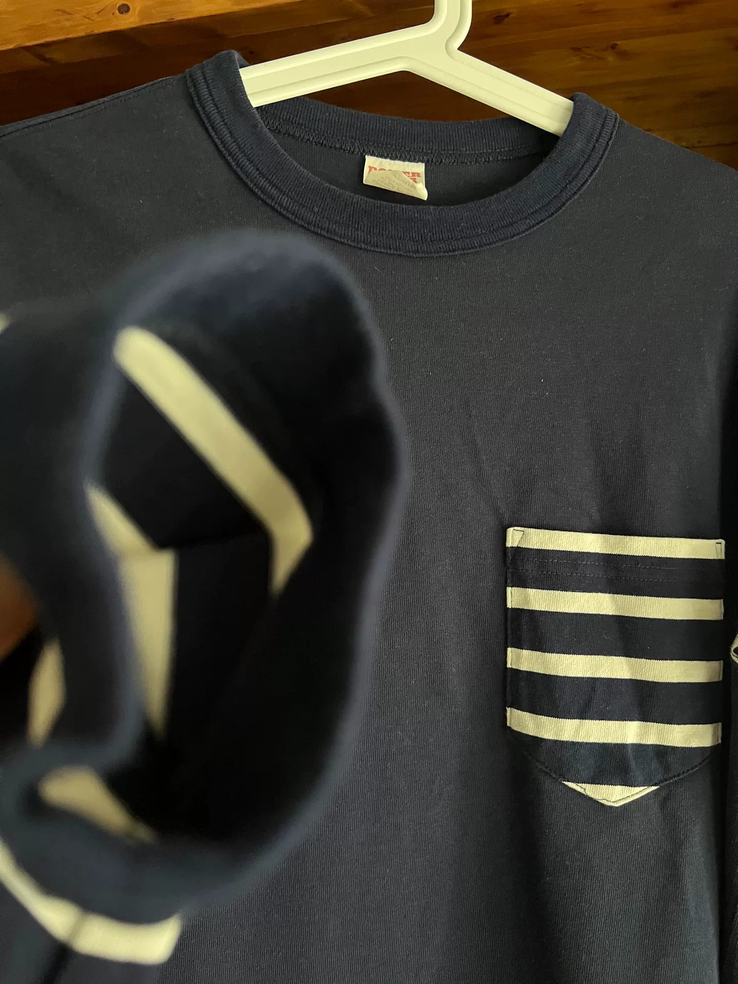 Freewheelers Indigo Stripe 3/4 Sleeve Pocket Sweatshirt — label