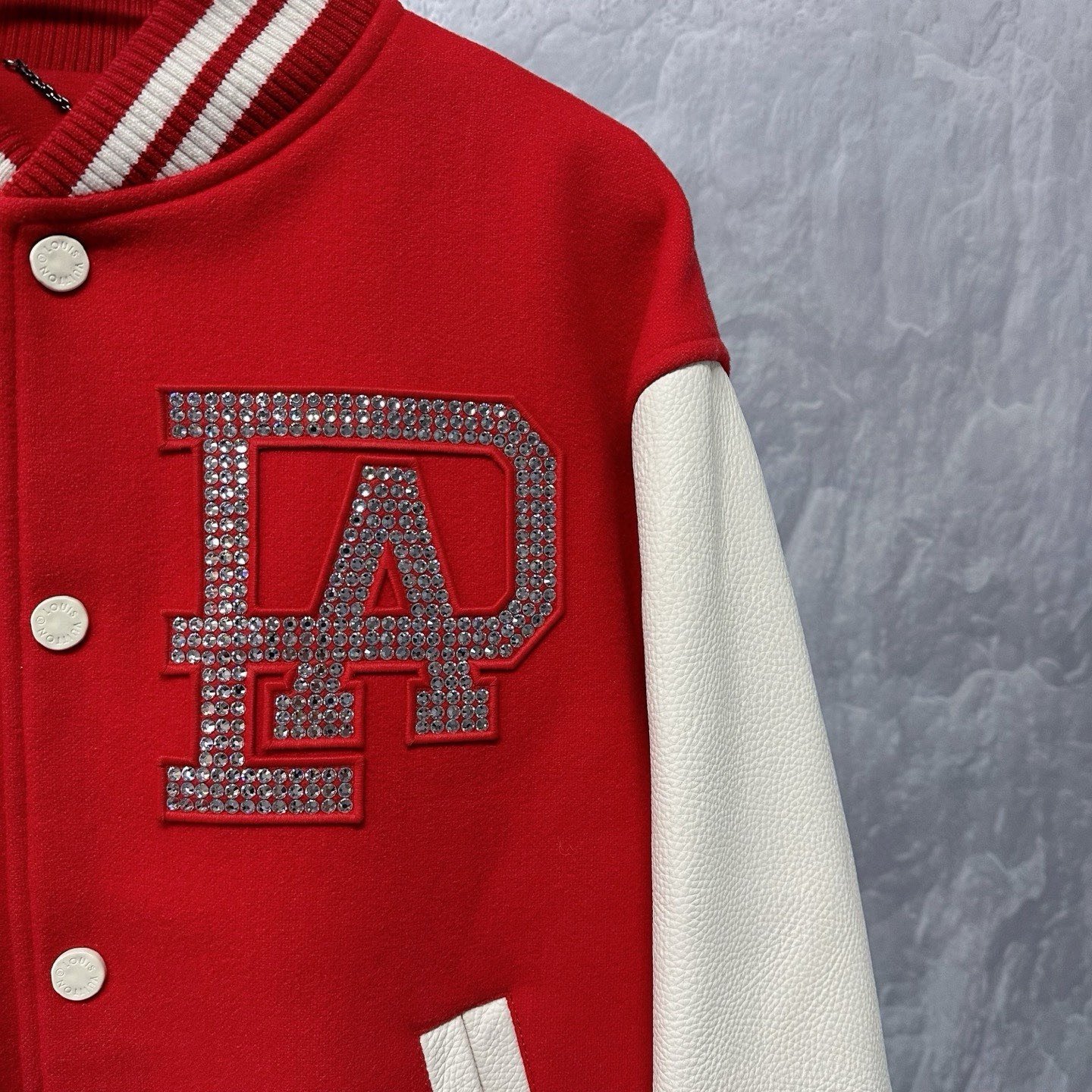 Louis Vuitton SS24 Pharrell Rhinestone Baseball Jacket — detail