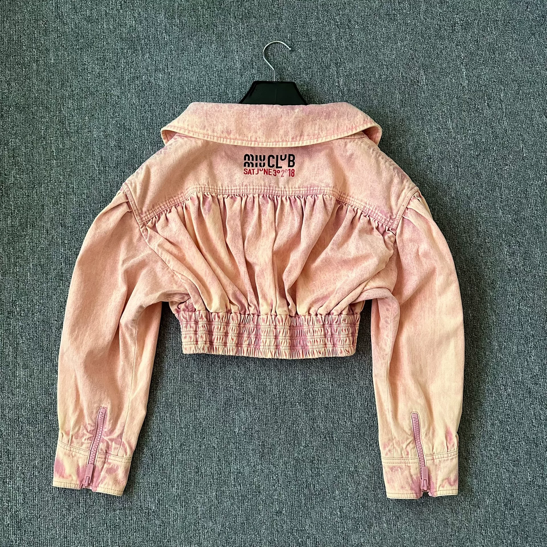 Miu Miu Pink Distressed Denim Cropped Jacket — detail