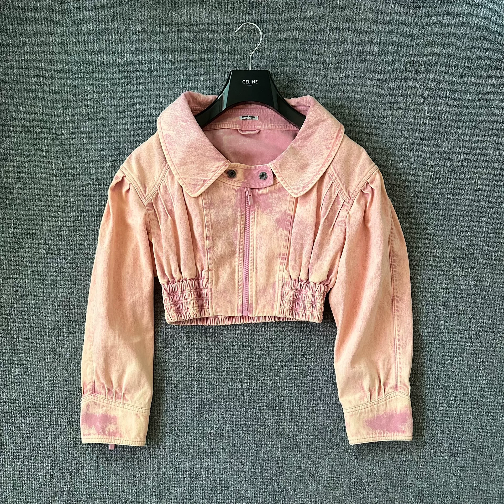 Miu Miu Pink Distressed Denim Cropped Jacket