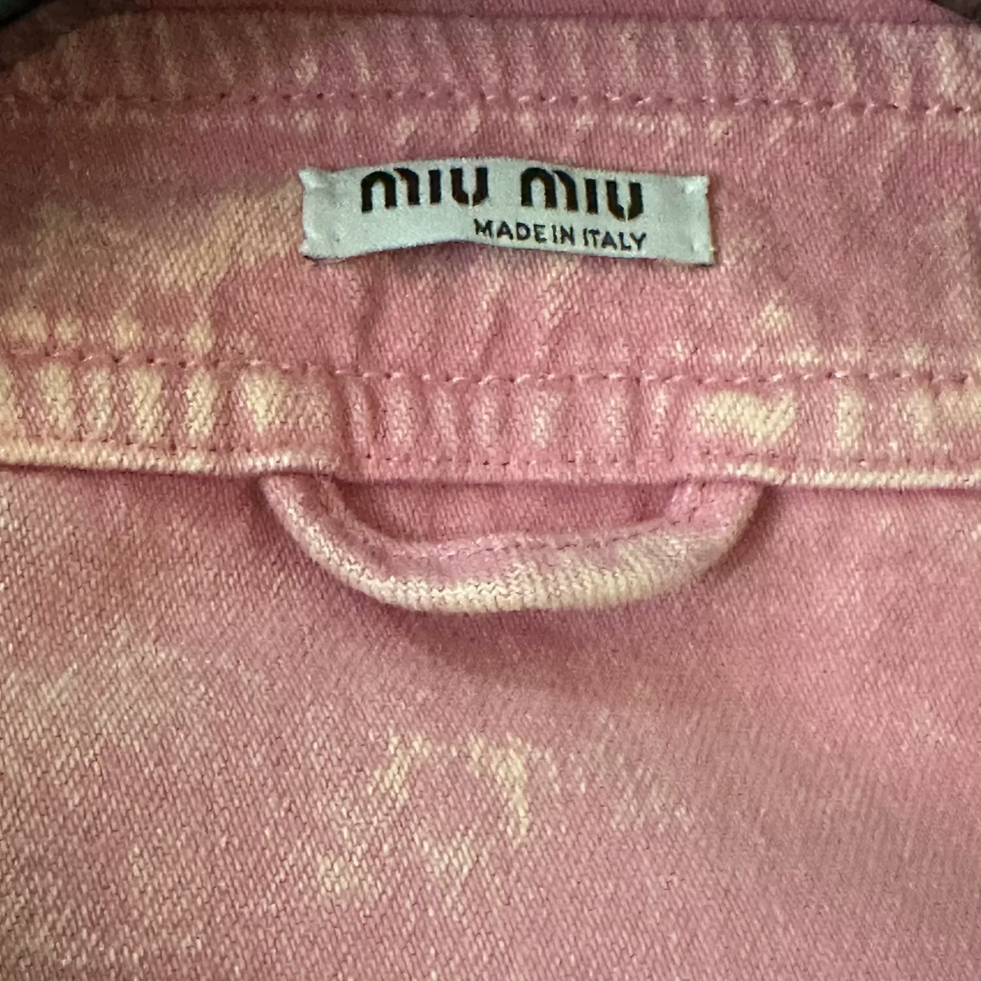 Miu Miu Pink Distressed Denim Cropped Jacket — front
