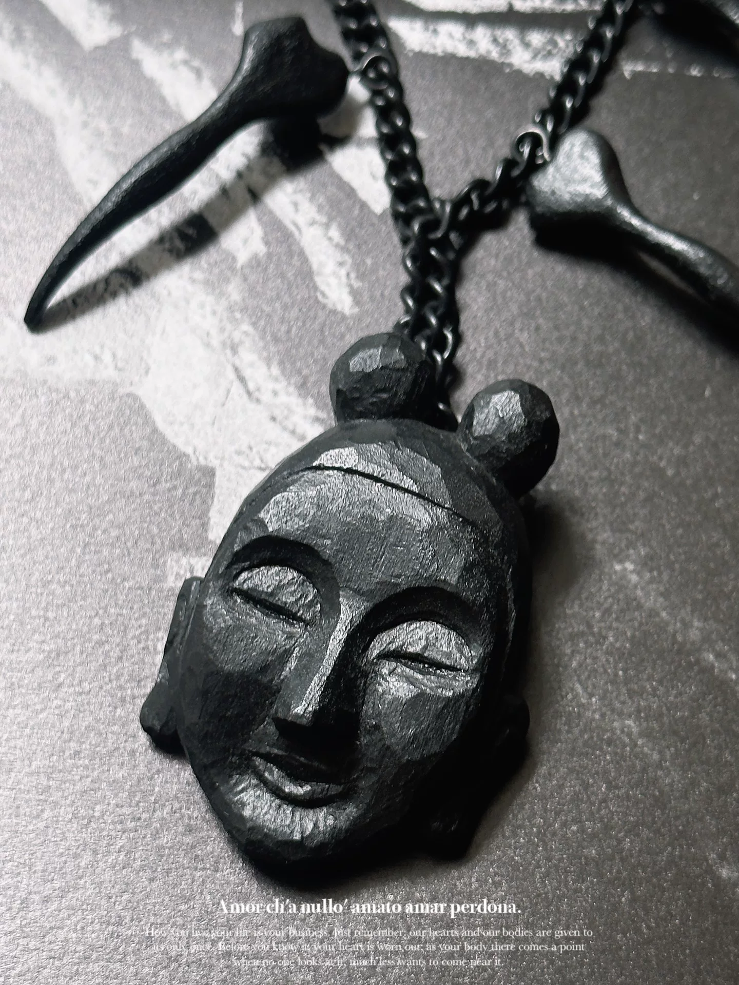 Yohji Yamamoto Wooden Carved Face Necklace — detail