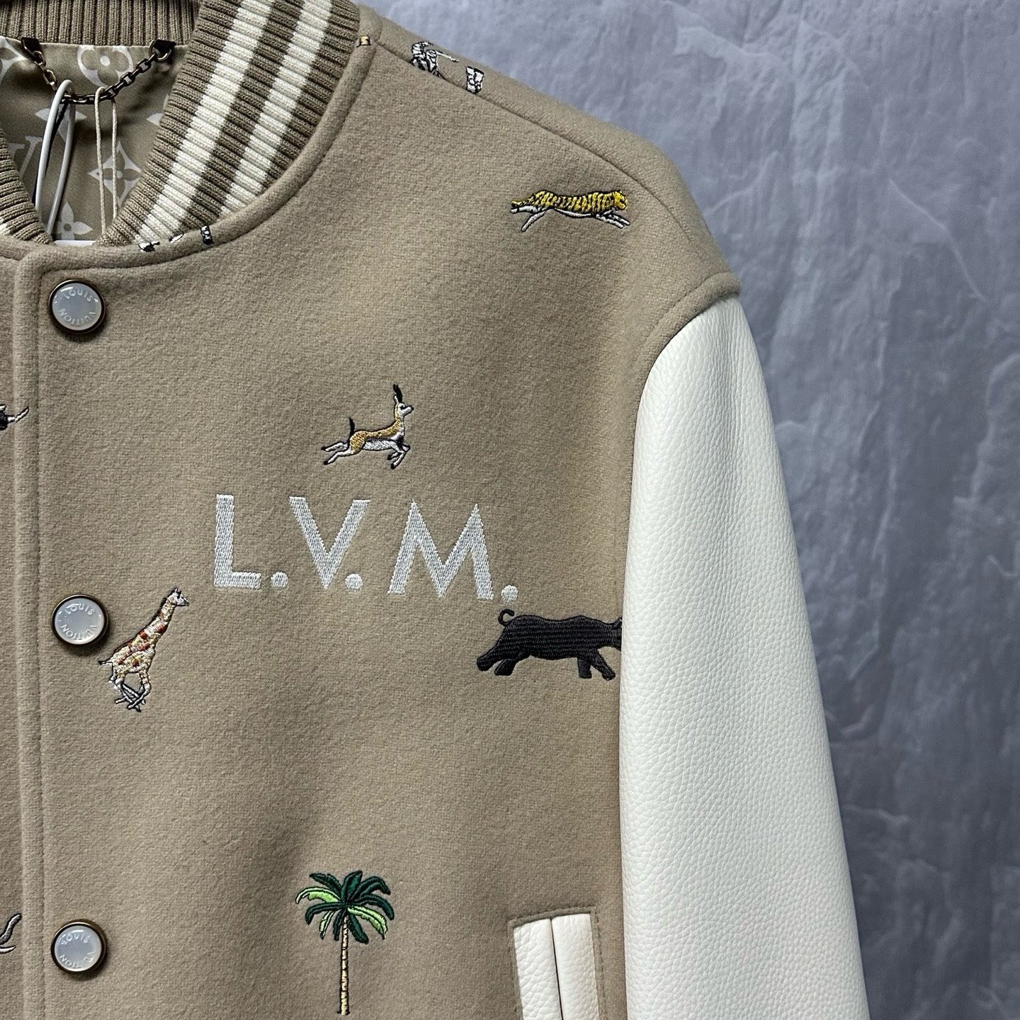 Louis Vuitton SS26 Animal Embroidery Baseball Jacket — detail