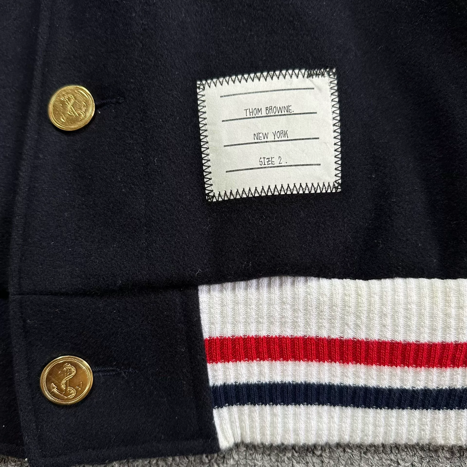 Thom Browne Dark Blue Leather Sleeve Jacket — front