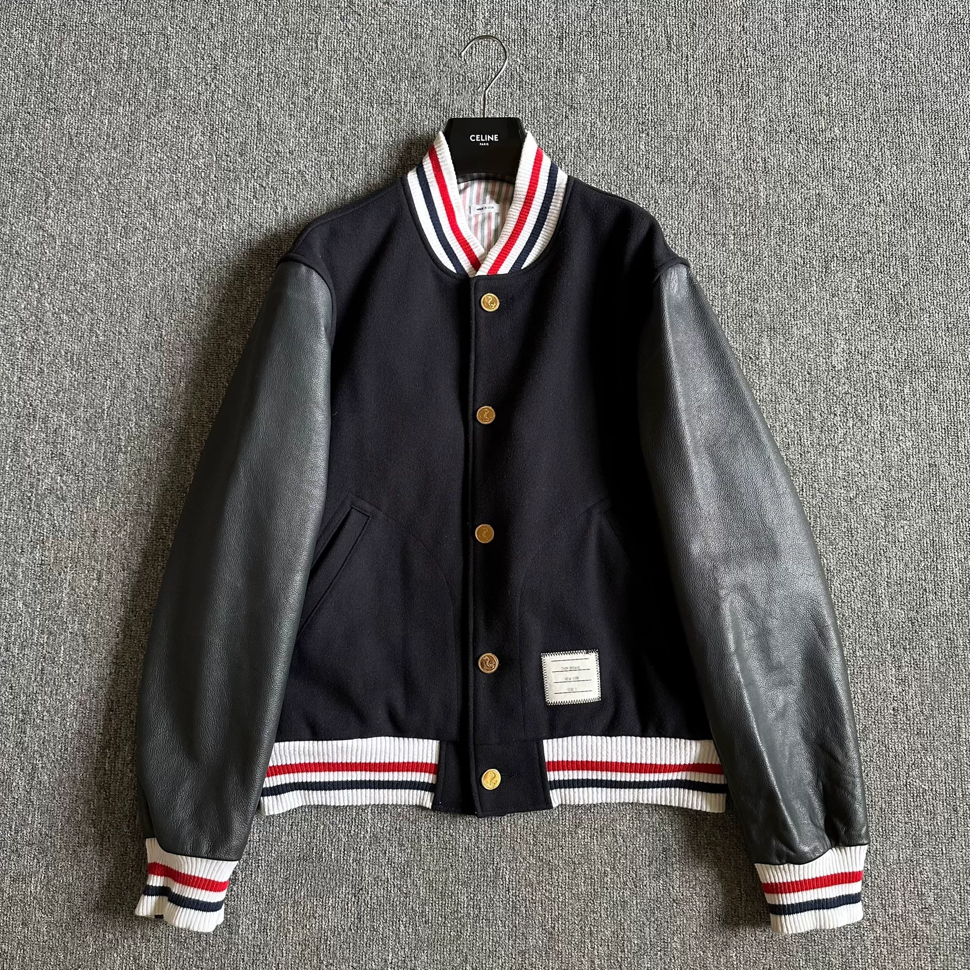 Thom Browne Dark Blue Leather Sleeve Jacket