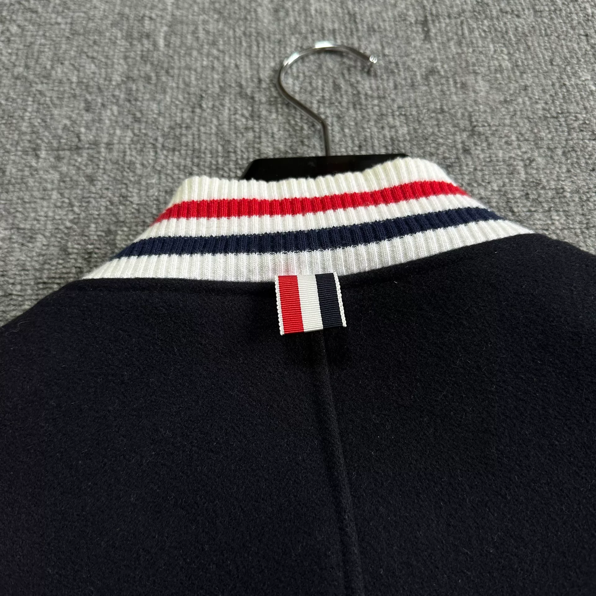 Thom Browne Dark Blue Leather Sleeve Jacket — label