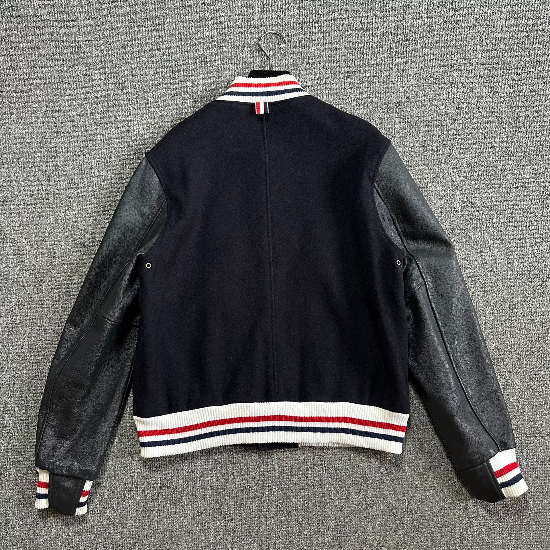 Thom Browne Dark Blue Leather Sleeve Jacket — back