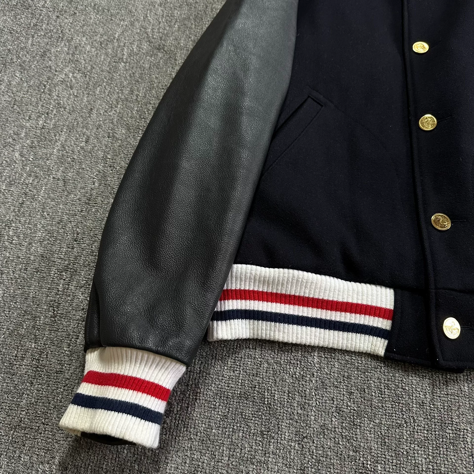 Thom Browne Dark Blue Leather Sleeve Jacket — detail