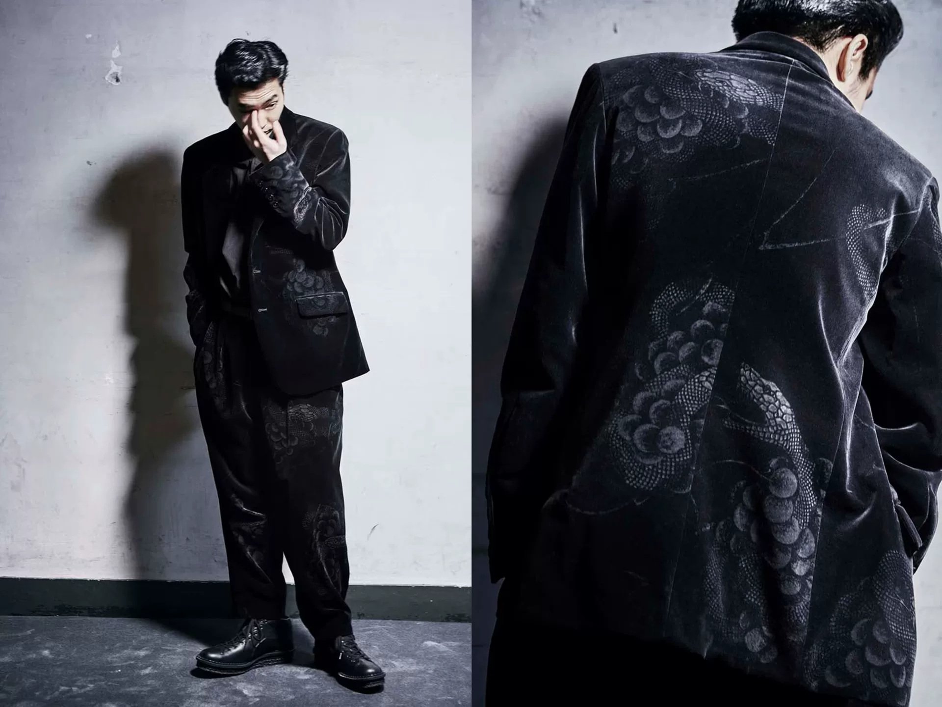 Yohji Yamamoto 19AW Snake Grape Velvet Jacket — detail