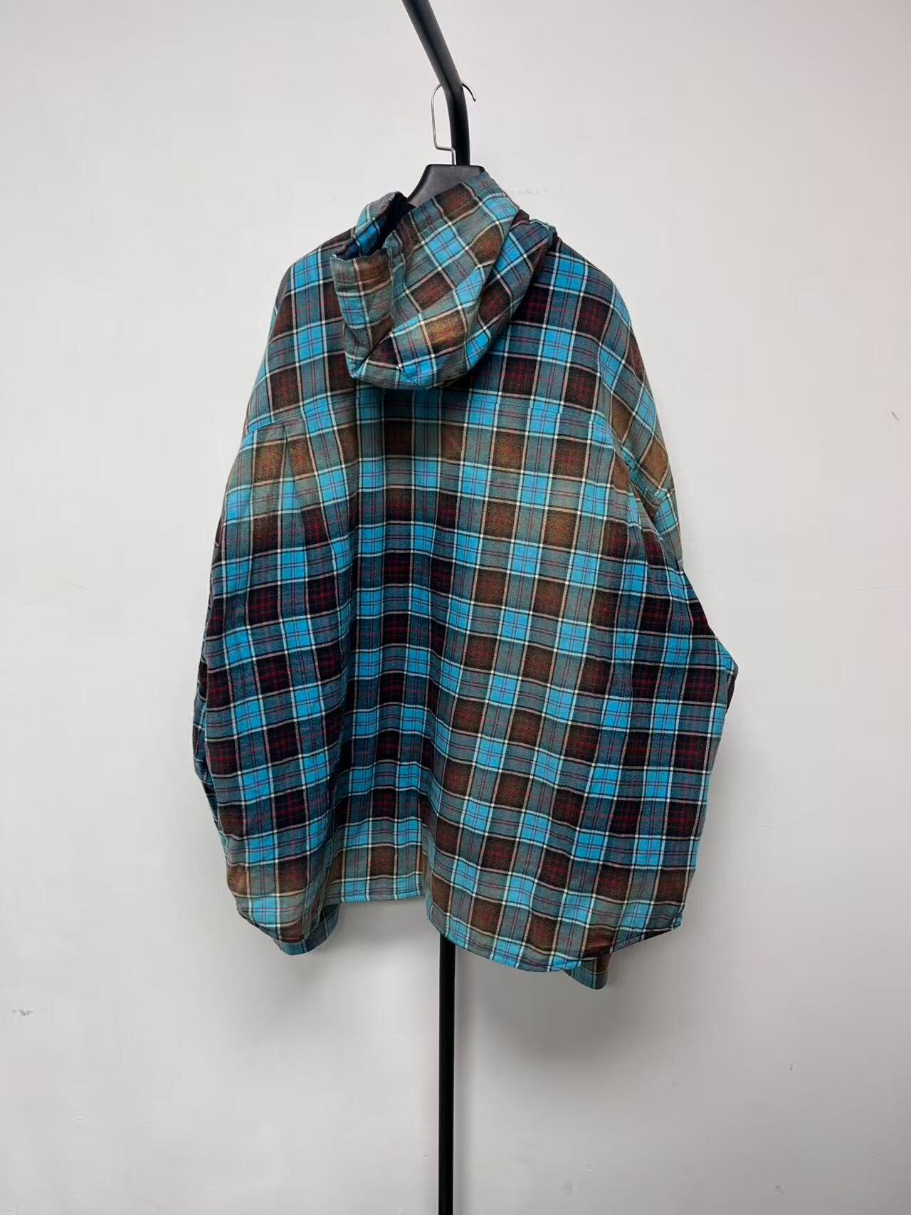 Balenciaga Gradient Plaid Drawstring Hooded Shirt — front