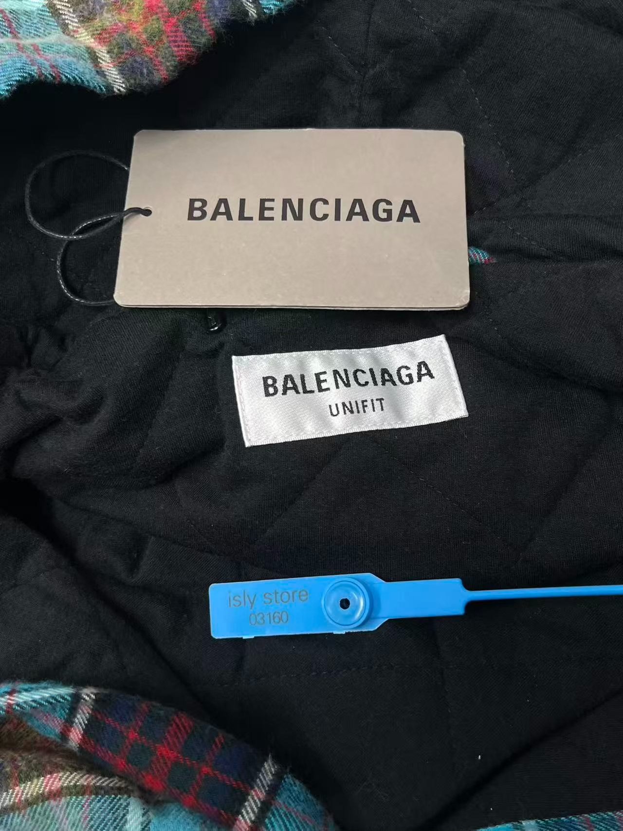 Balenciaga Gradient Plaid Drawstring Hooded Shirt — label