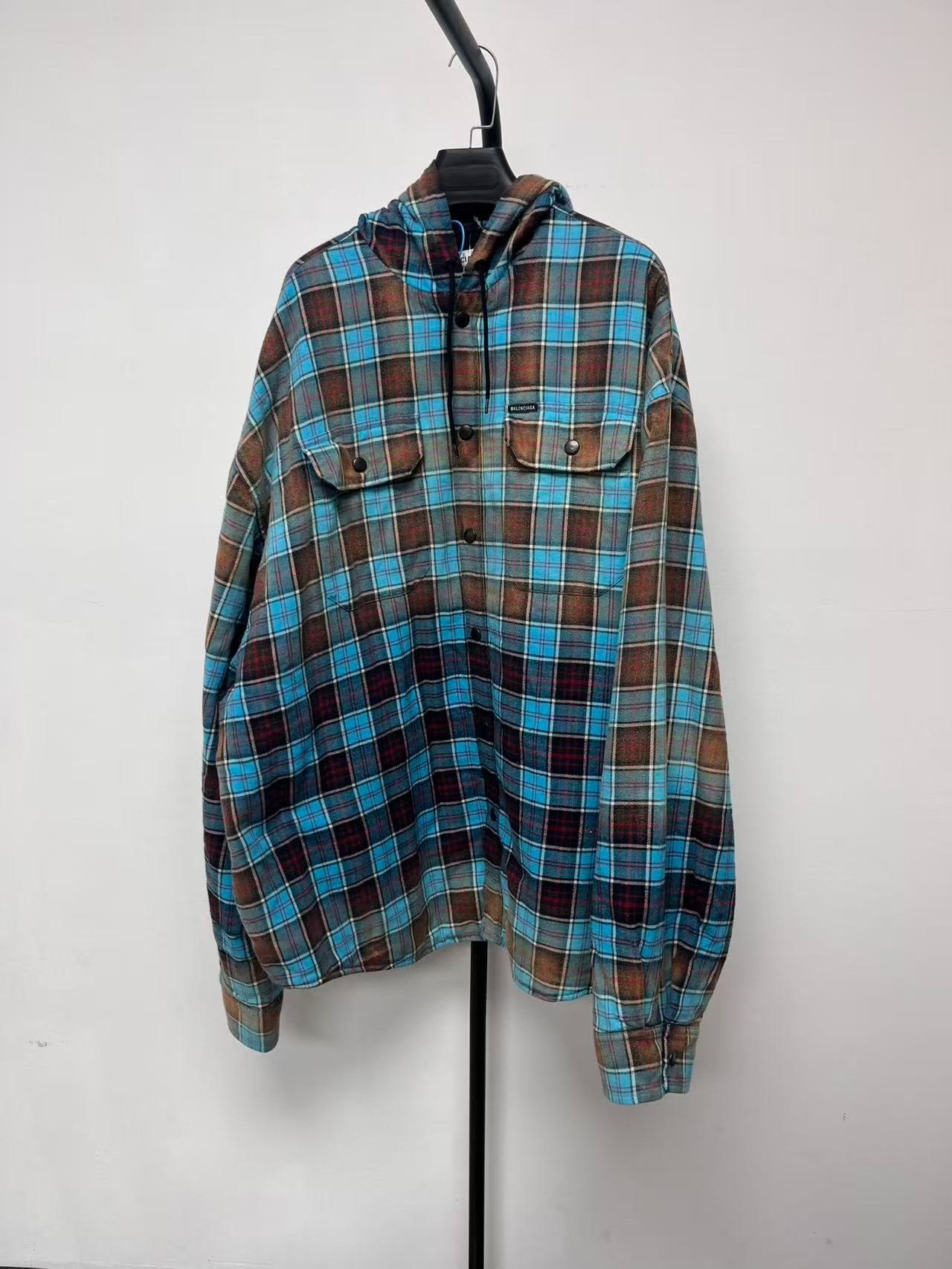 Balenciaga Gradient Plaid Drawstring Hooded Shirt