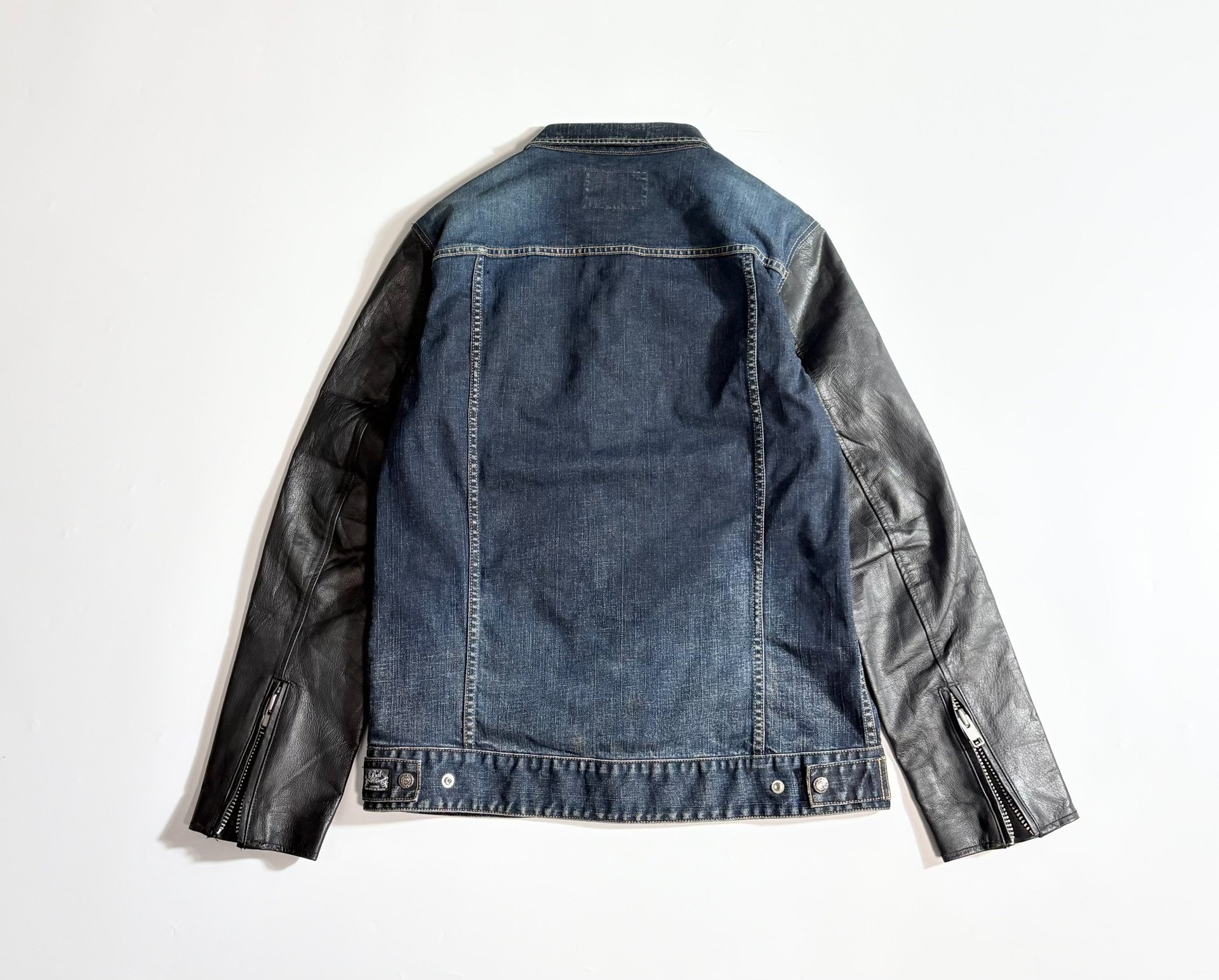 Dark Blue Denim Jacket w/ Leather Sleeves — front