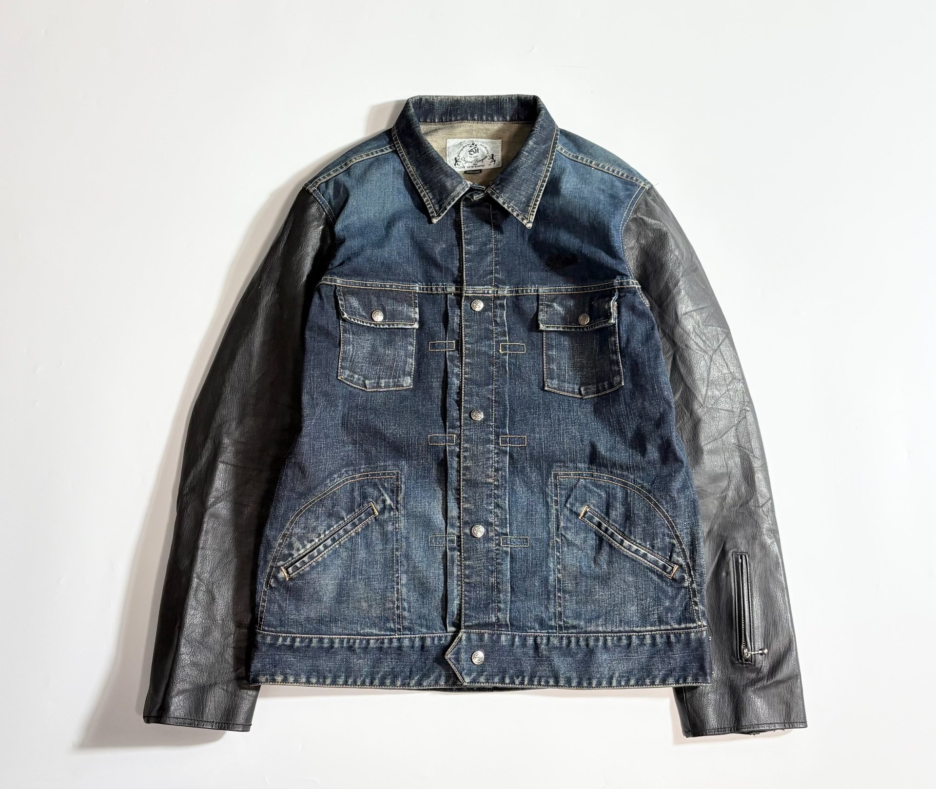 Dark Blue Denim Jacket w/ Leather Sleeves