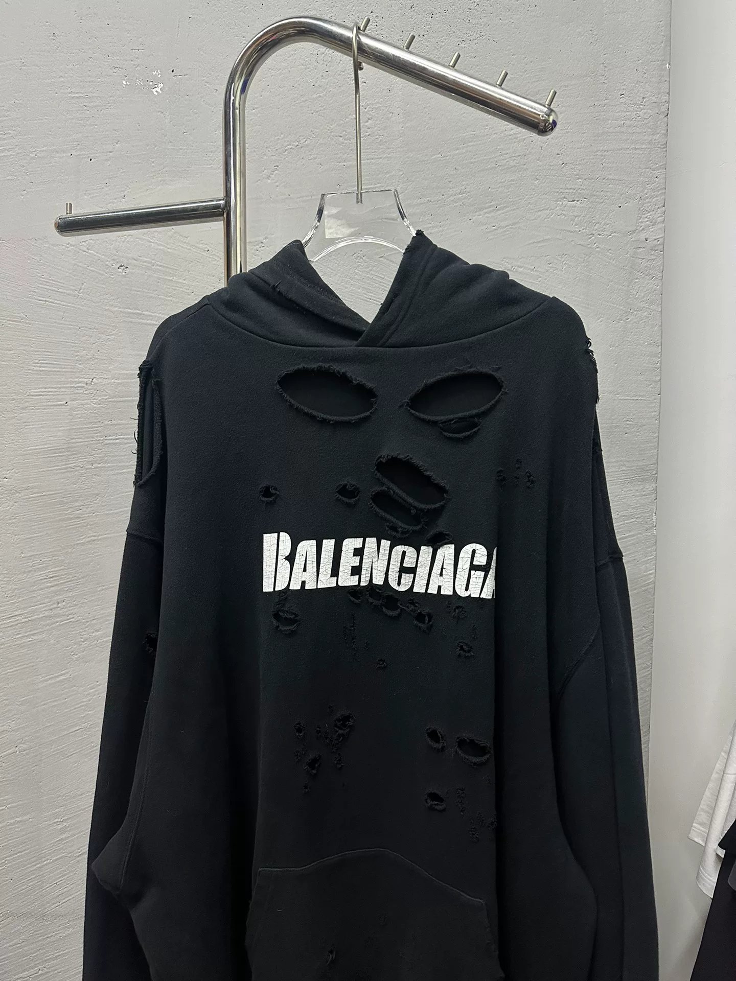 Balenciaga Distressed Logo Black Hoodie — front